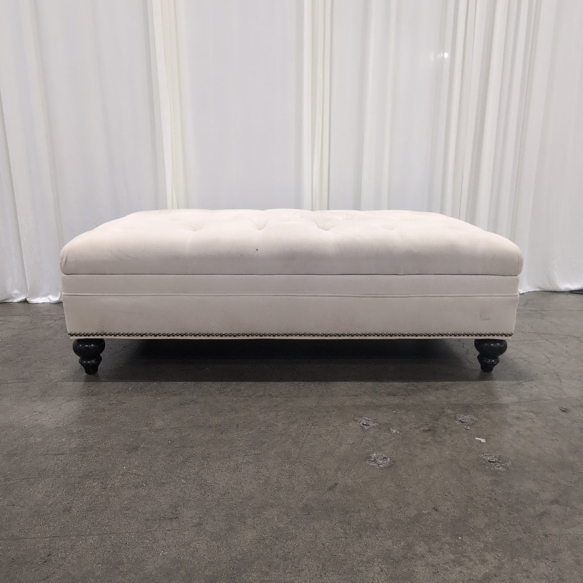 Tufted Beige Velvet Ottoman with Nailhead Trim