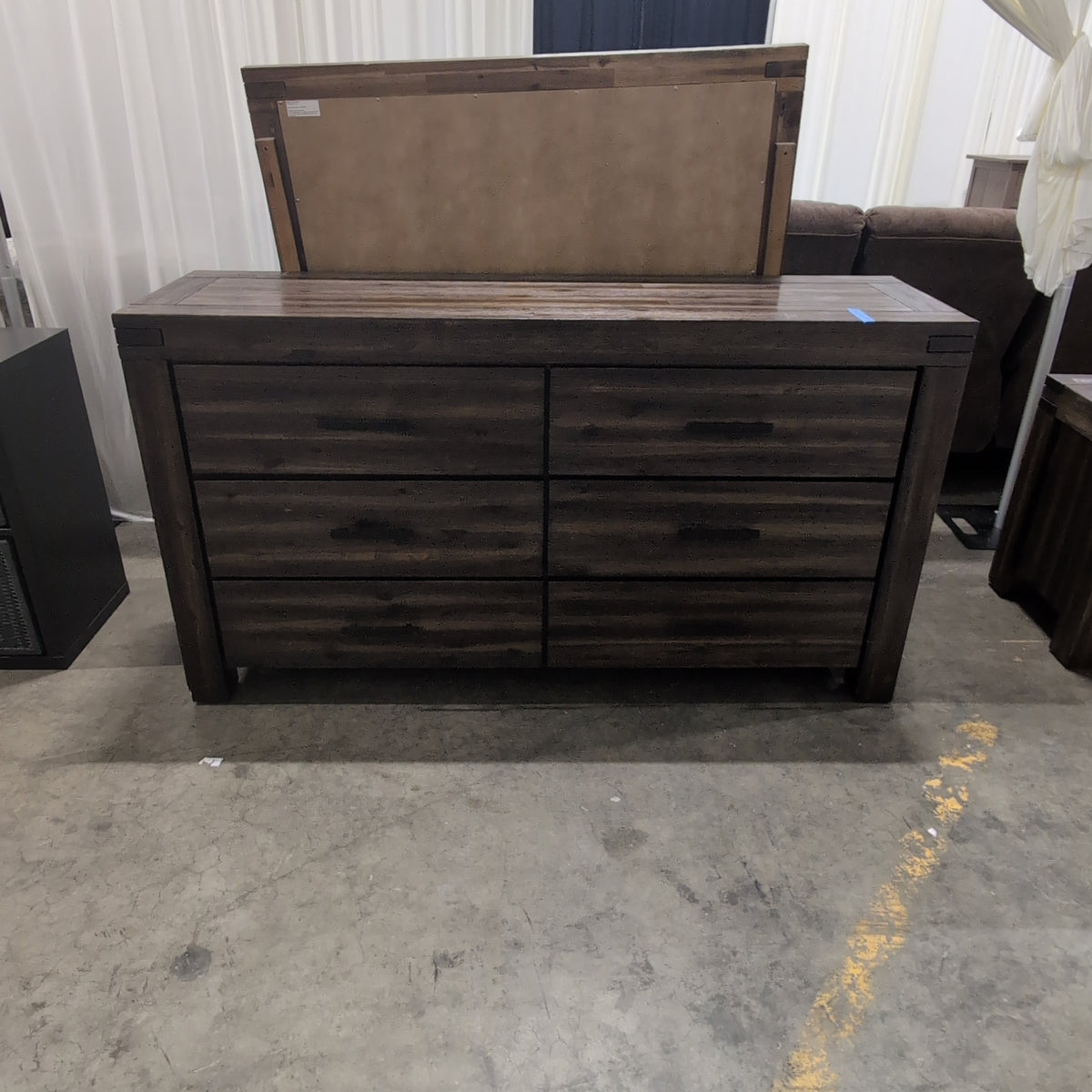 Rustic Dark Wood Six-Drawer Dresser with Mirror