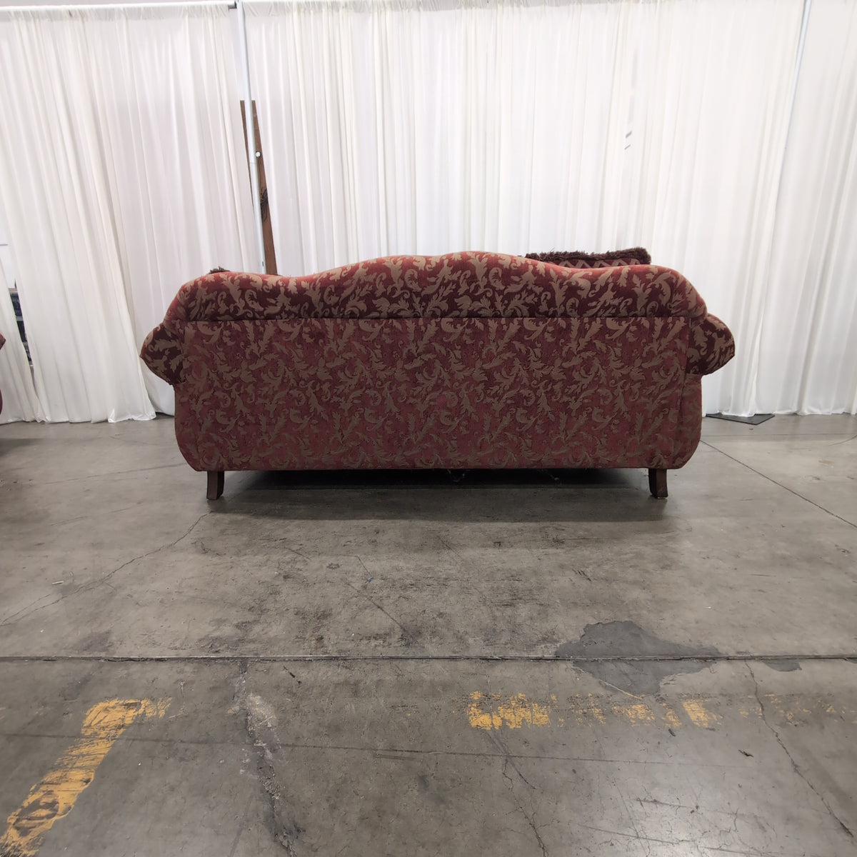 Traditional Red and Gold Brocade Couch with Carved Wood Frame
