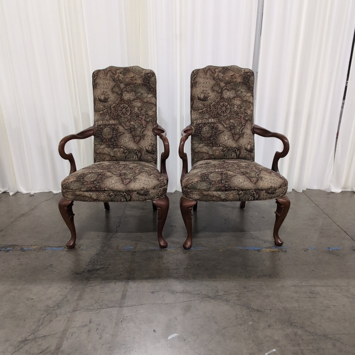Traditional Carved Wood Arm Chair with Map Upholstery