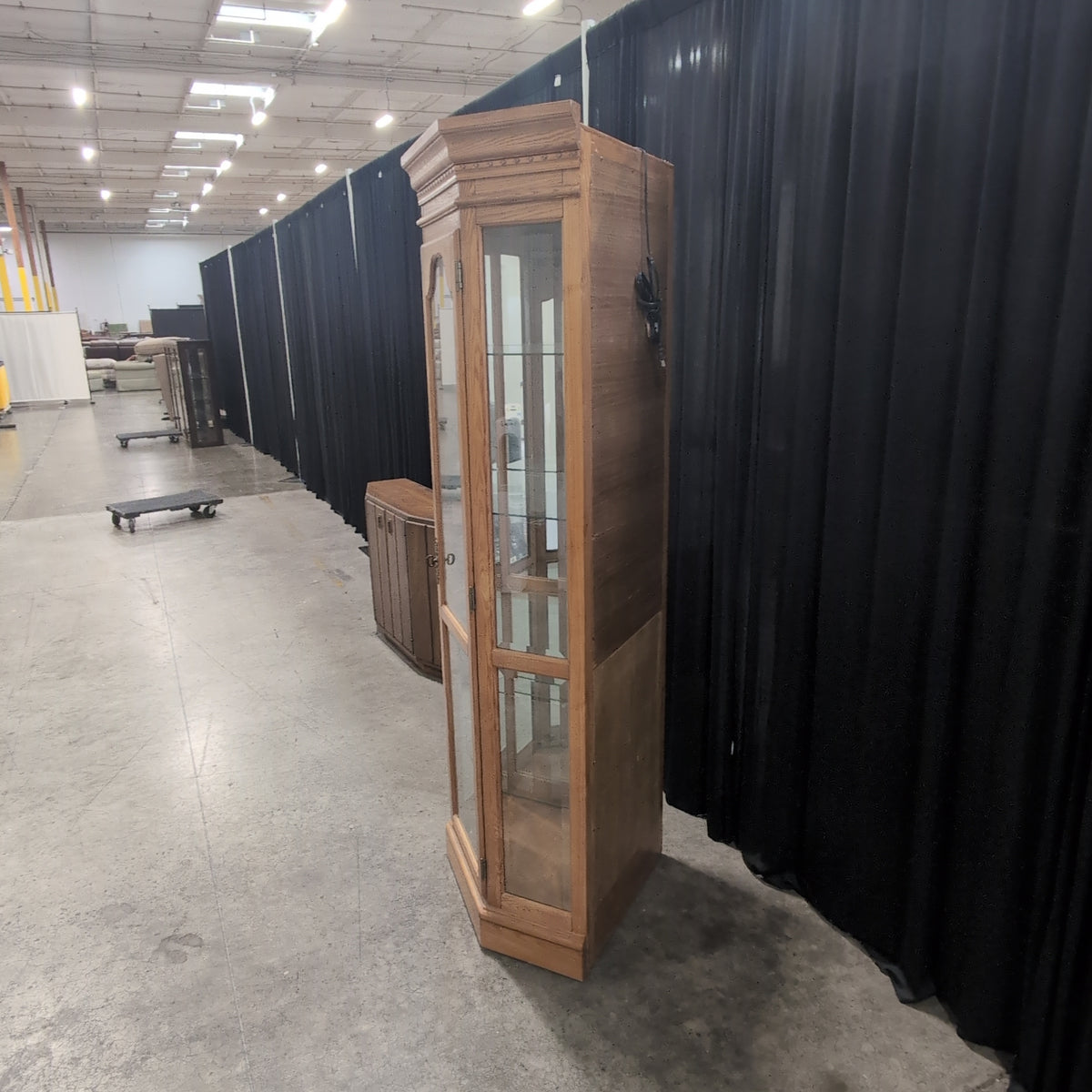 Traditional Light Wood China Cabinet with Curved Glass Door
