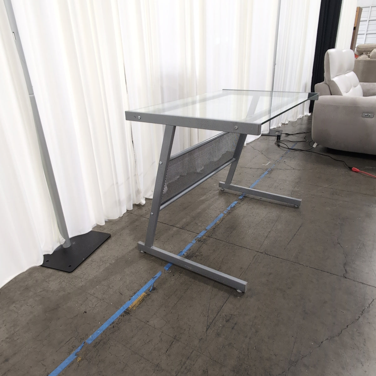 Modern Silver Metal and Glass Desk with Perforated Shelf