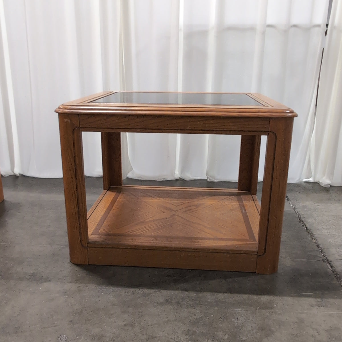 Traditional Brown Wood End Table with Glass Top