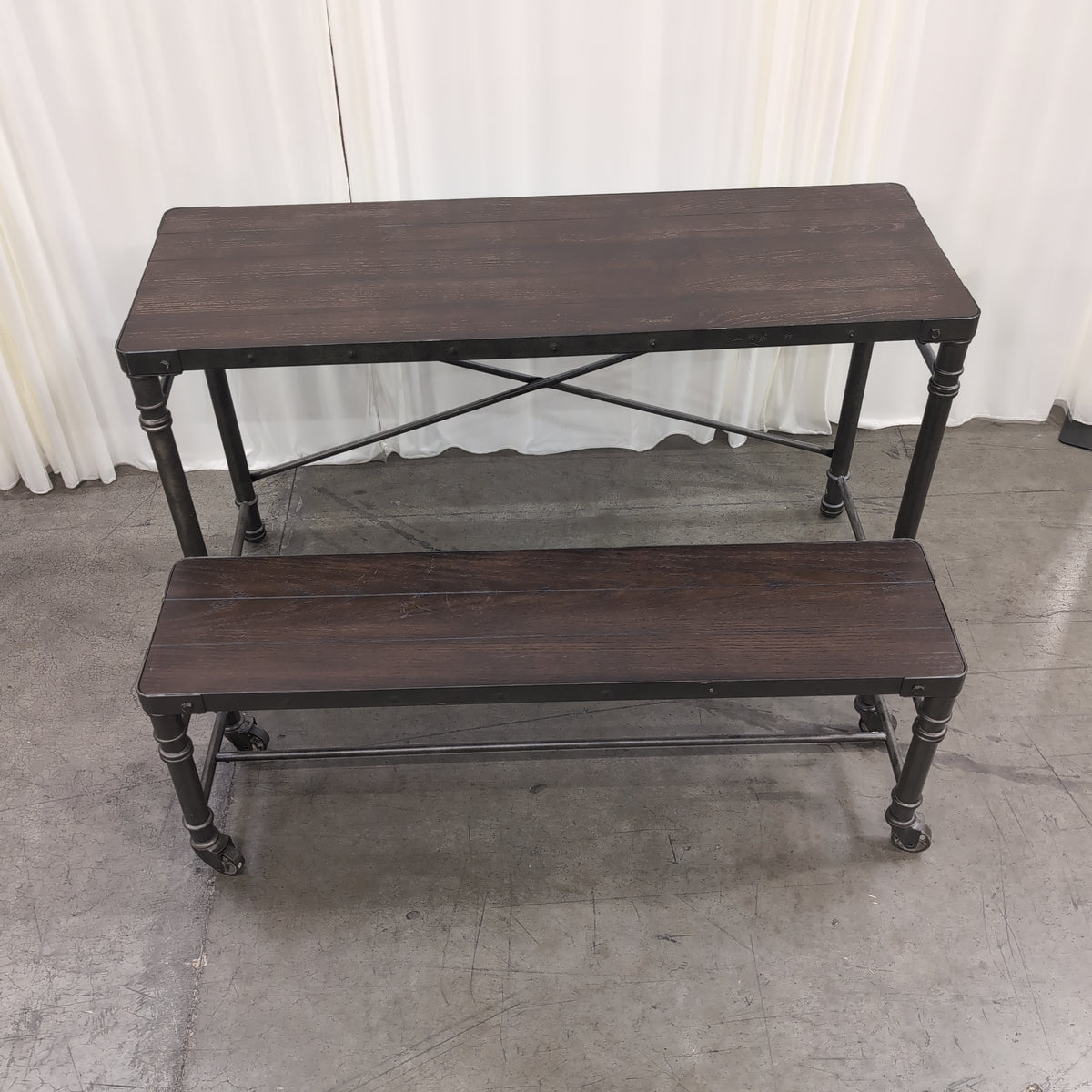 Industrial Dark Wood Console Table with Matching Bench