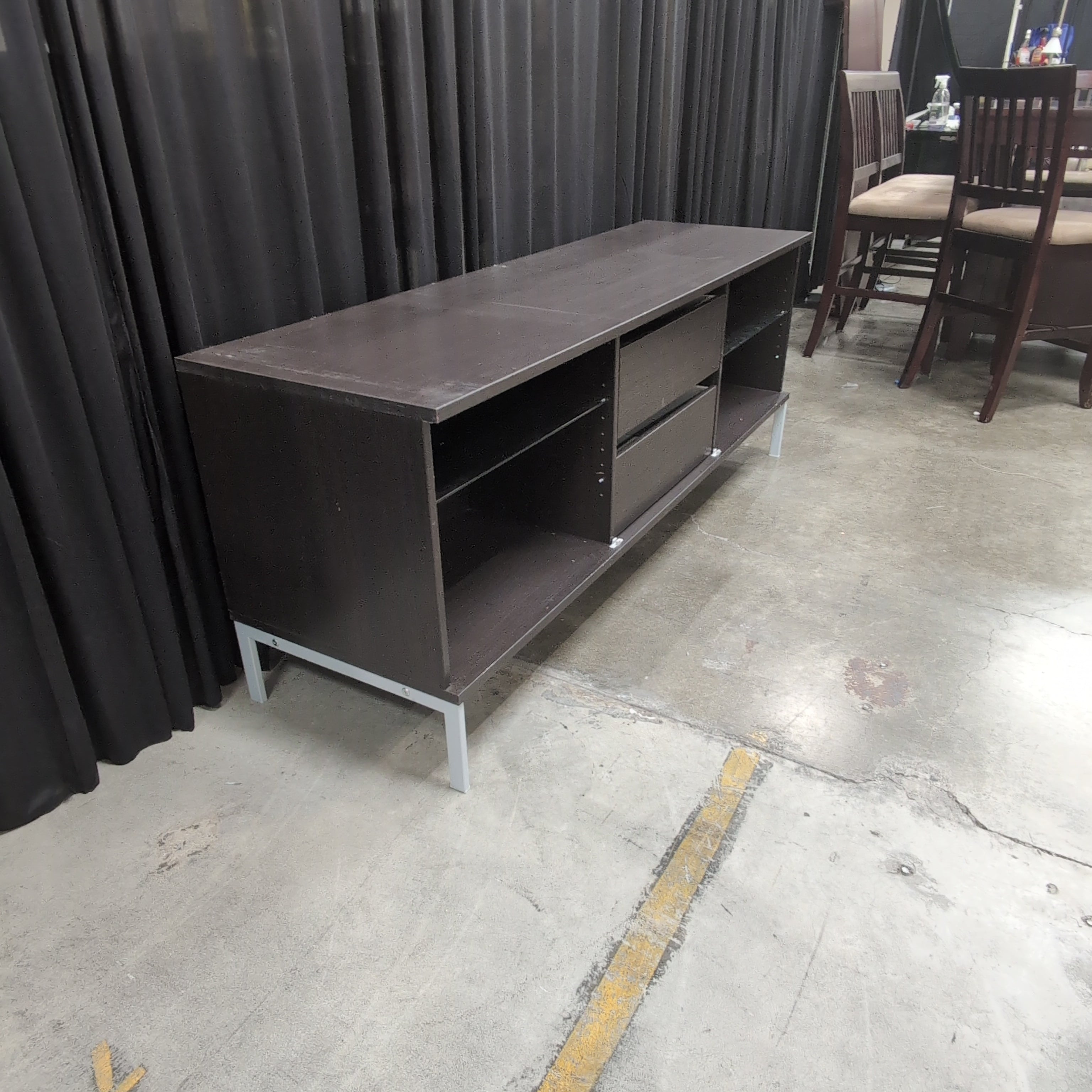 Dark Brown Two-Drawer TV Stand with Open Shelves