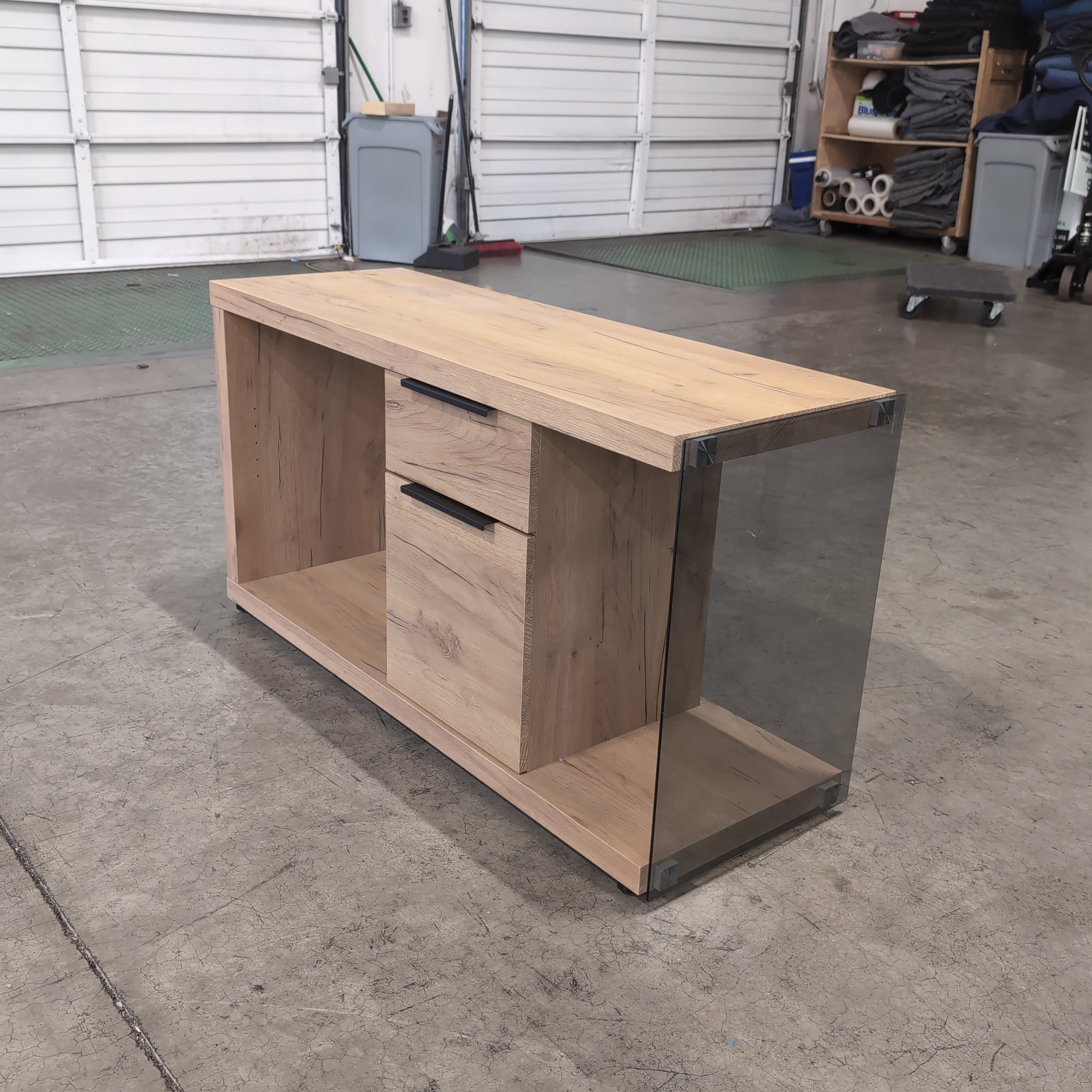 Modern Light Wood TV Stand with Glass Panel