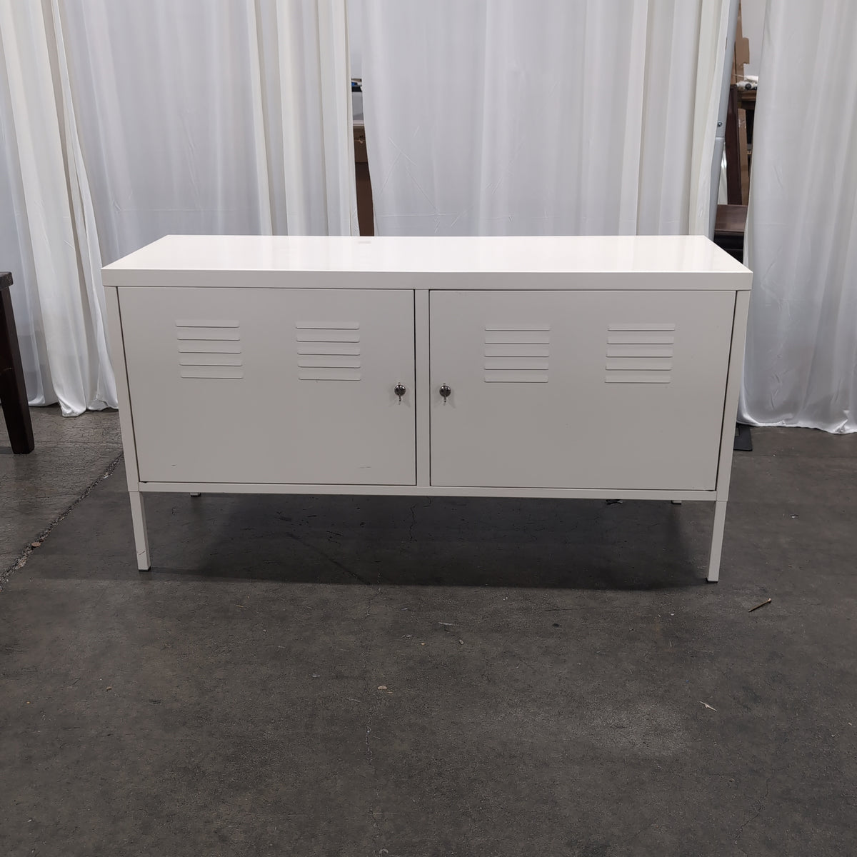 White Industrial Metal TV Stand with Locker Doors