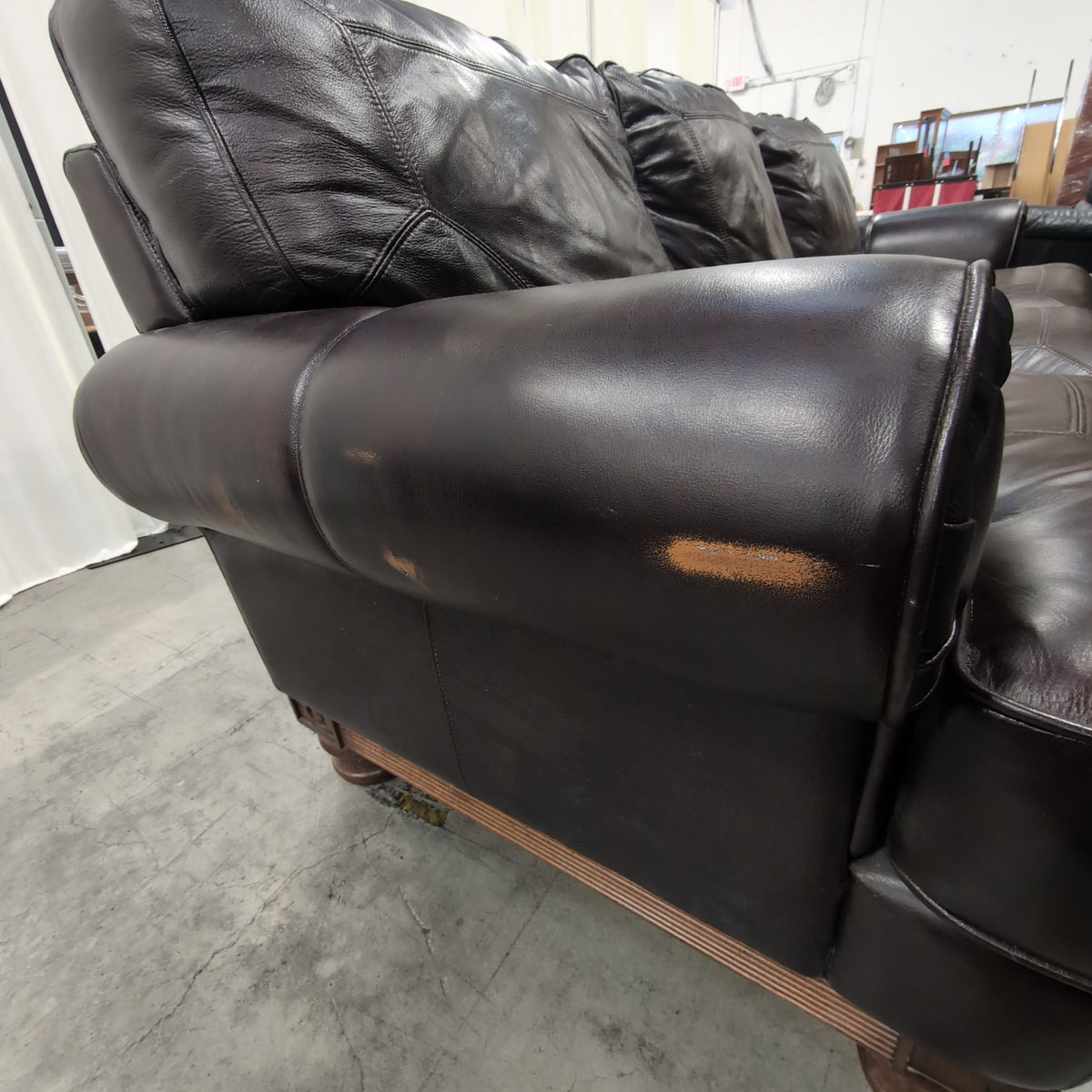 Dark Brown Leather Three-Seat Couch with Rolled Arms