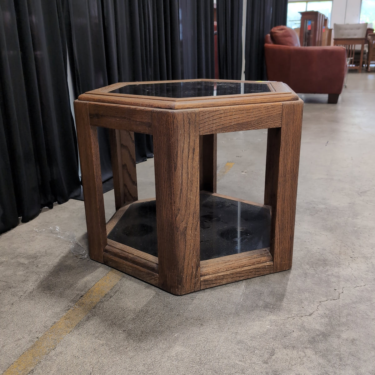 Brown Hexagonal Wood End Table with Dark Top