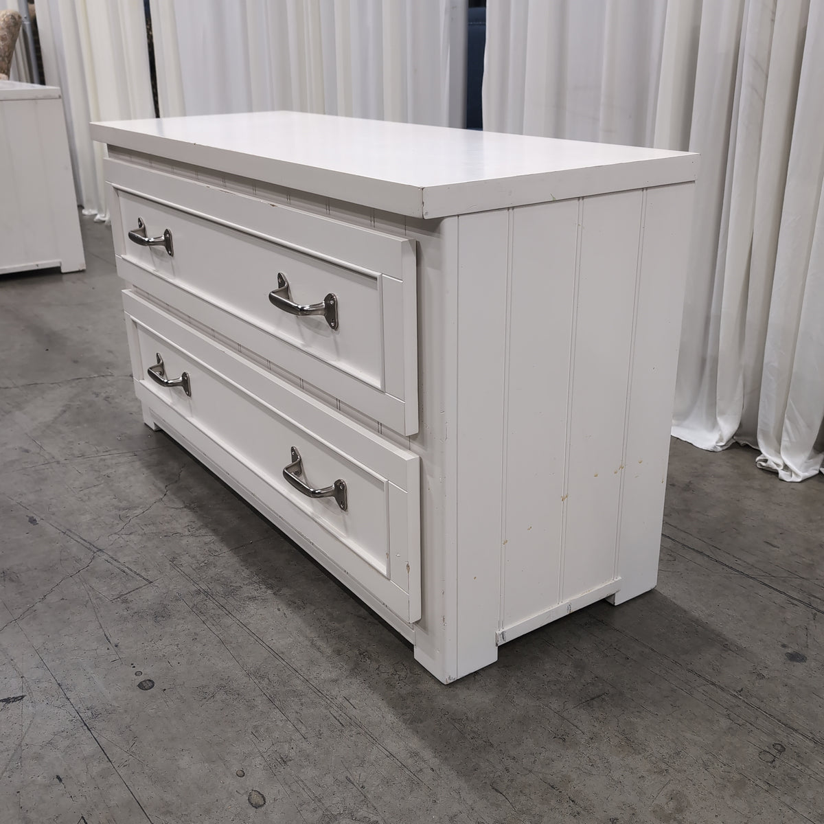 White Two-Drawer Nightstand with Metal Pulls