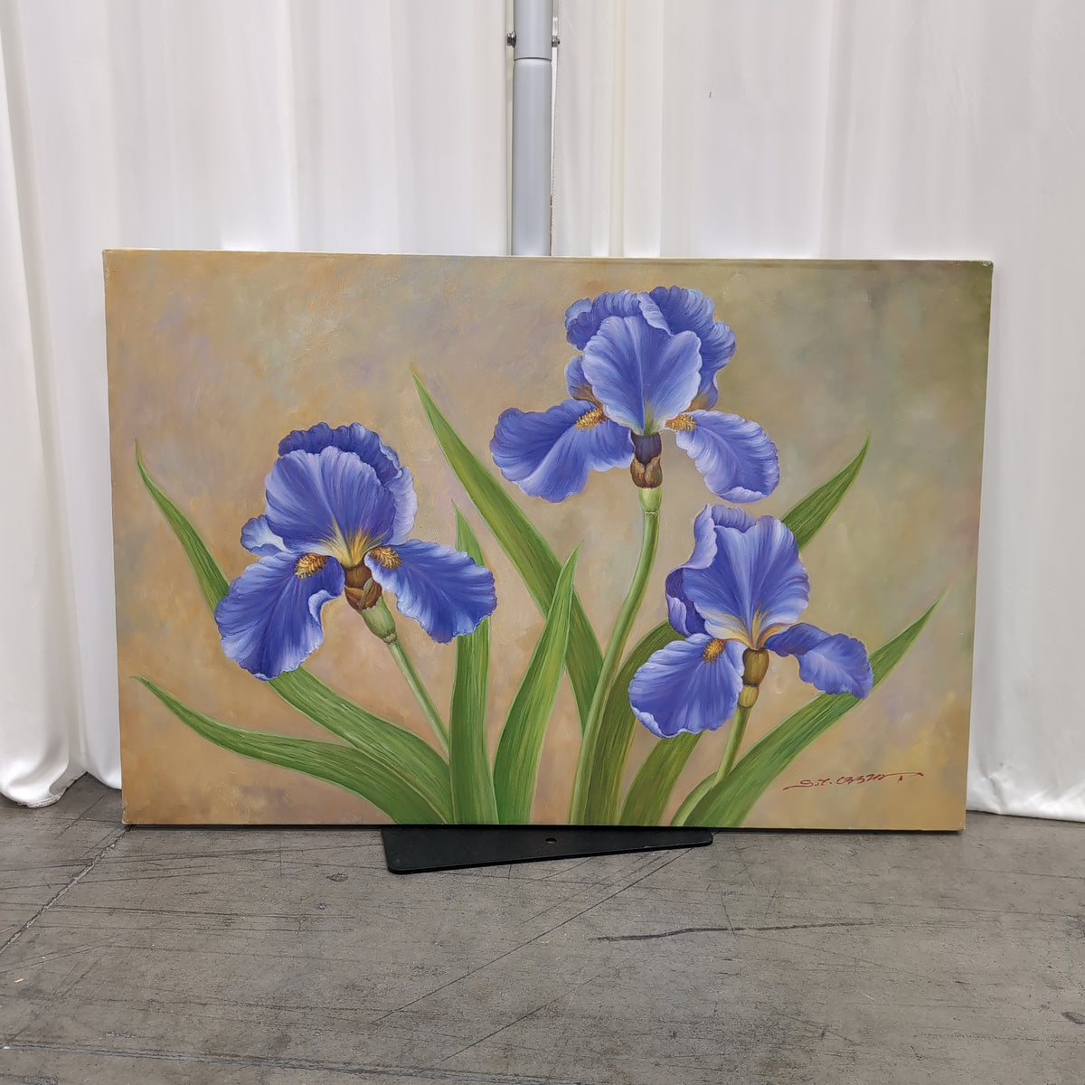 S.T. Castro Blue Iris Floral Painting on Canvas