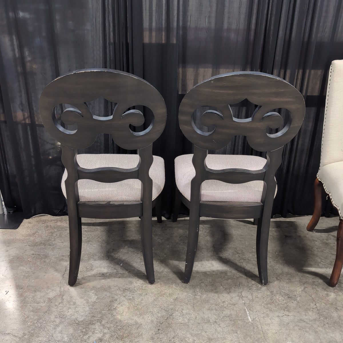 Pair of Dark Wood Ornate Back Dining Chairs with Upholstered Seats