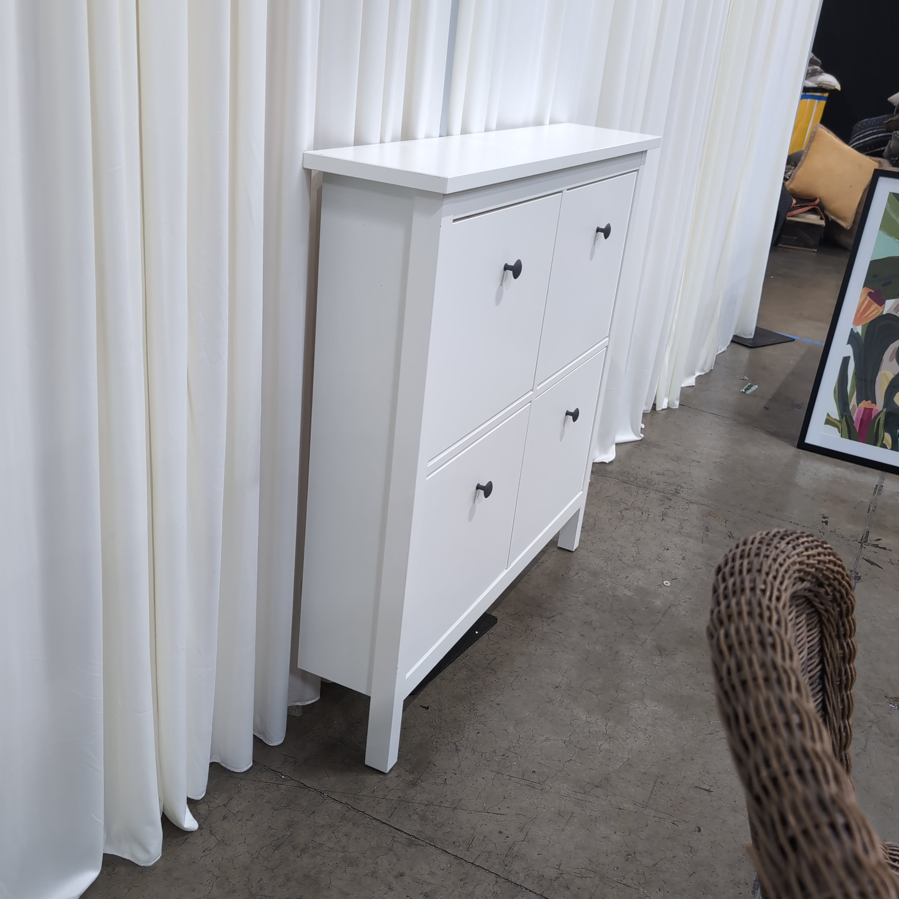 White Four-Compartment Shoe Cabinet with Black Handles