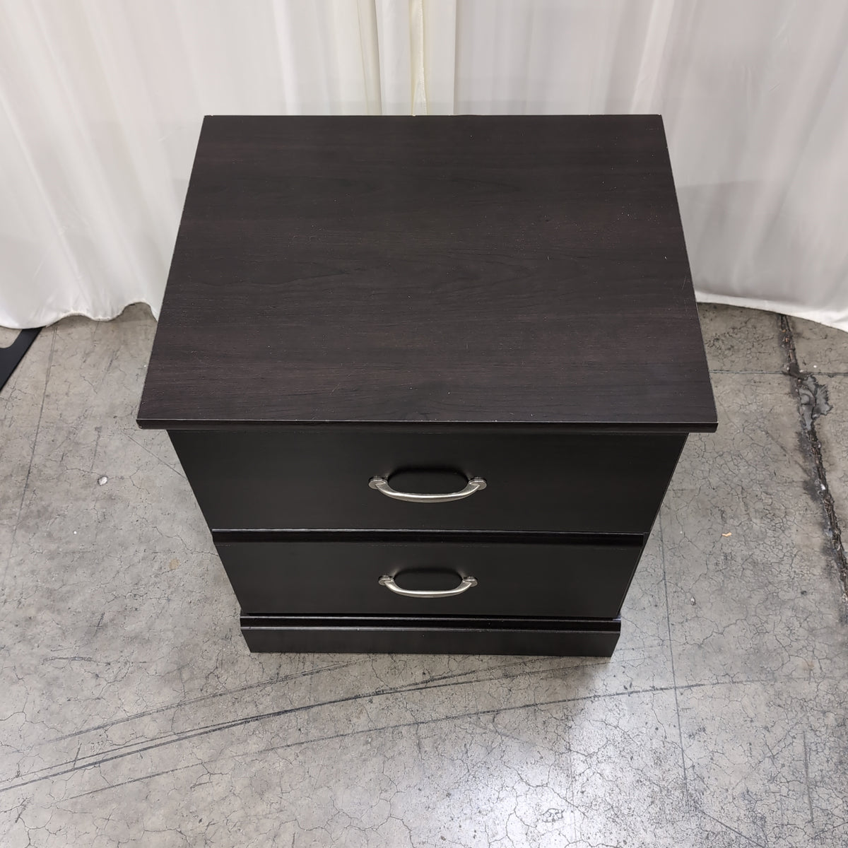 Dark Brown Two-Drawer Nightstand with Silver Pulls