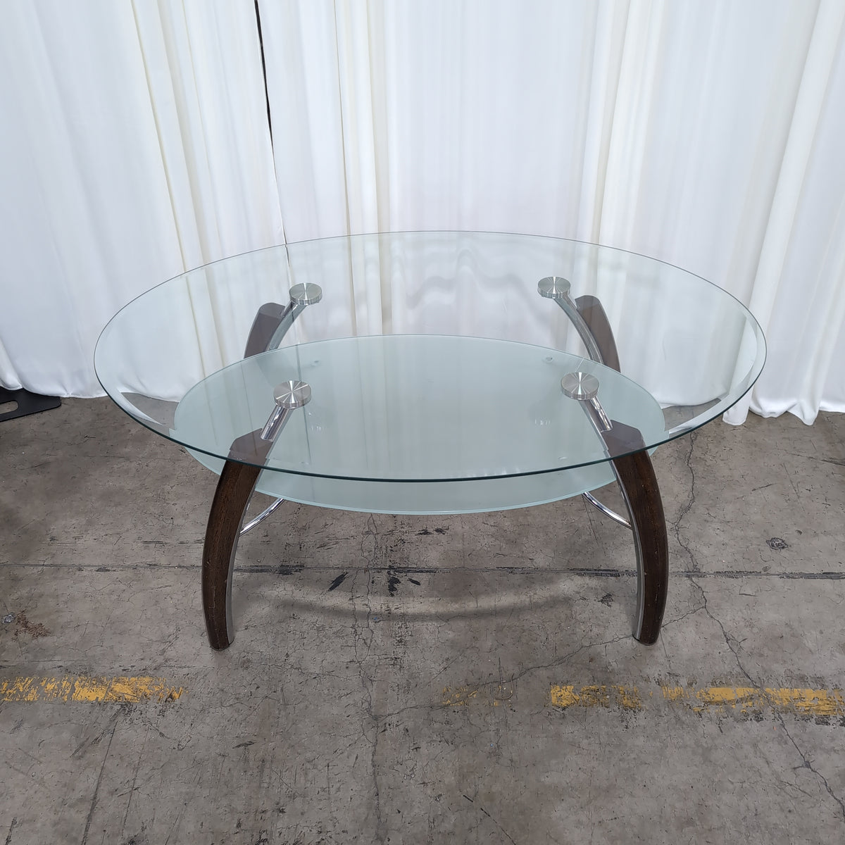 Contemporary Oval Glass Coffee Table with Wood Legs
