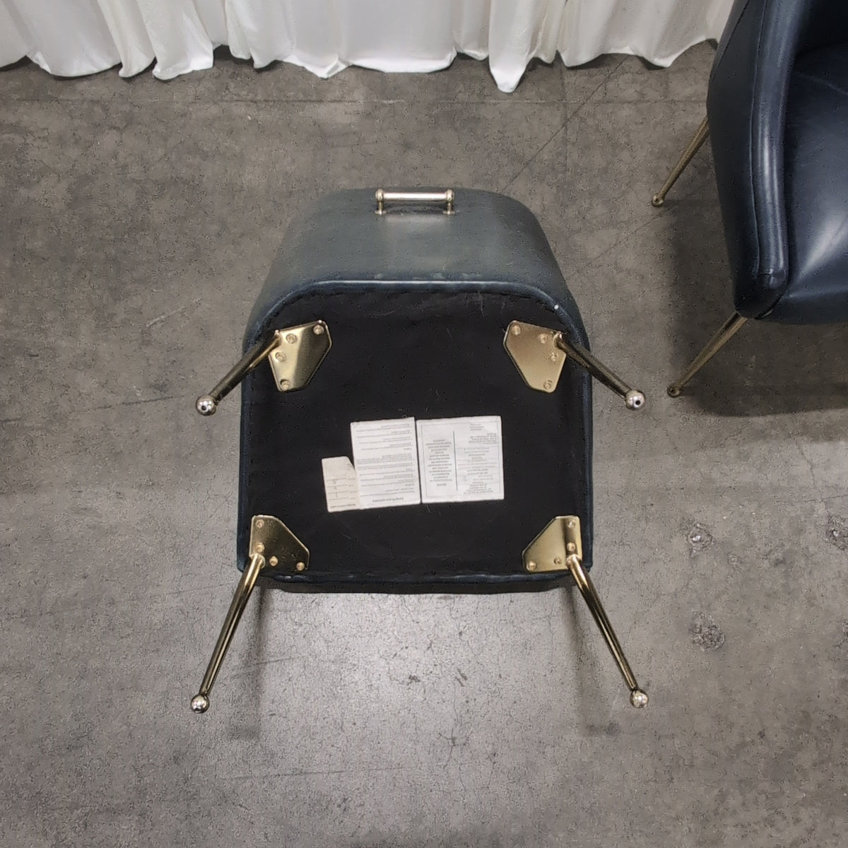 Set of Four Antropologie Dark Blue Upholstered Dining Chair with Gold Legs
