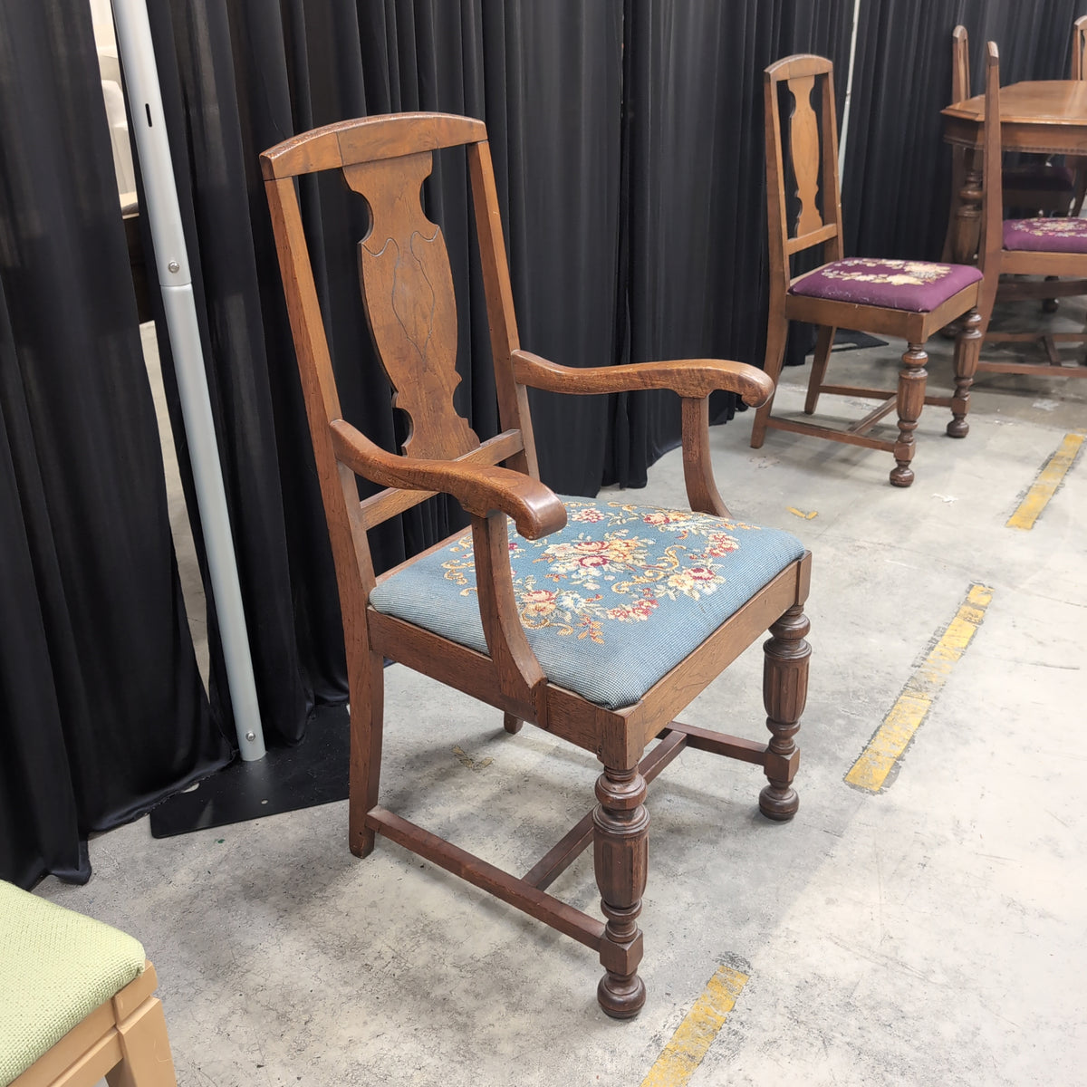 Traditional Carved Wood Armchair with Needlepoint Seat