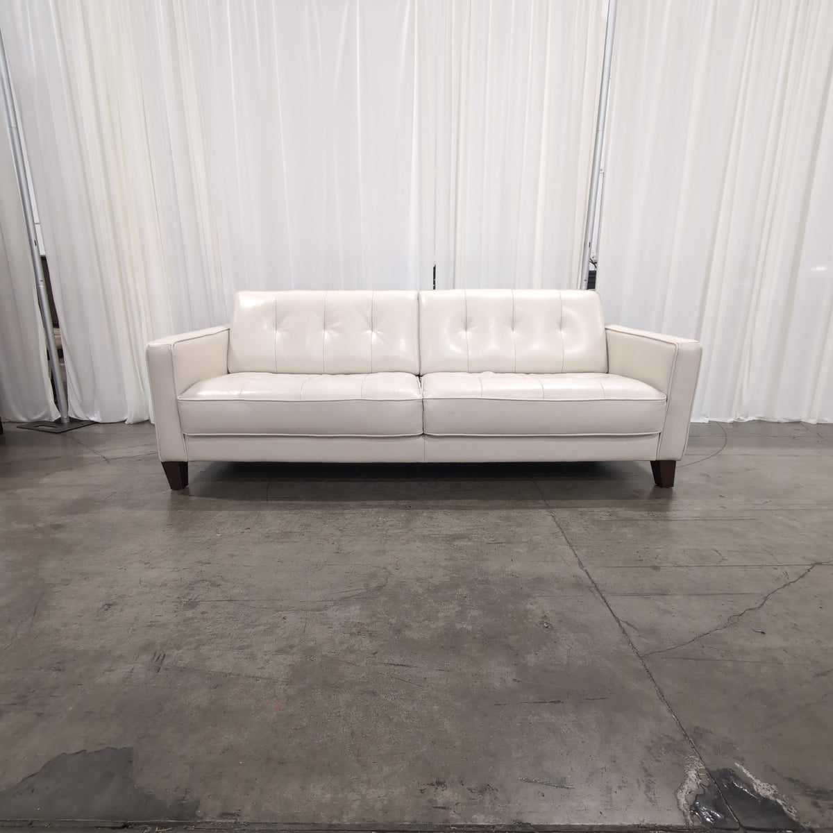 Cream Tufted Leather Three-Seat Couch