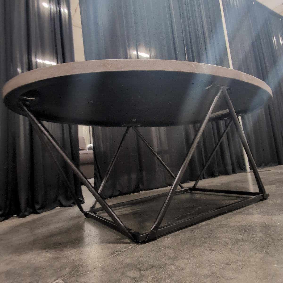 Oval Grey Wood Coffee Table with Geometric Metal Base