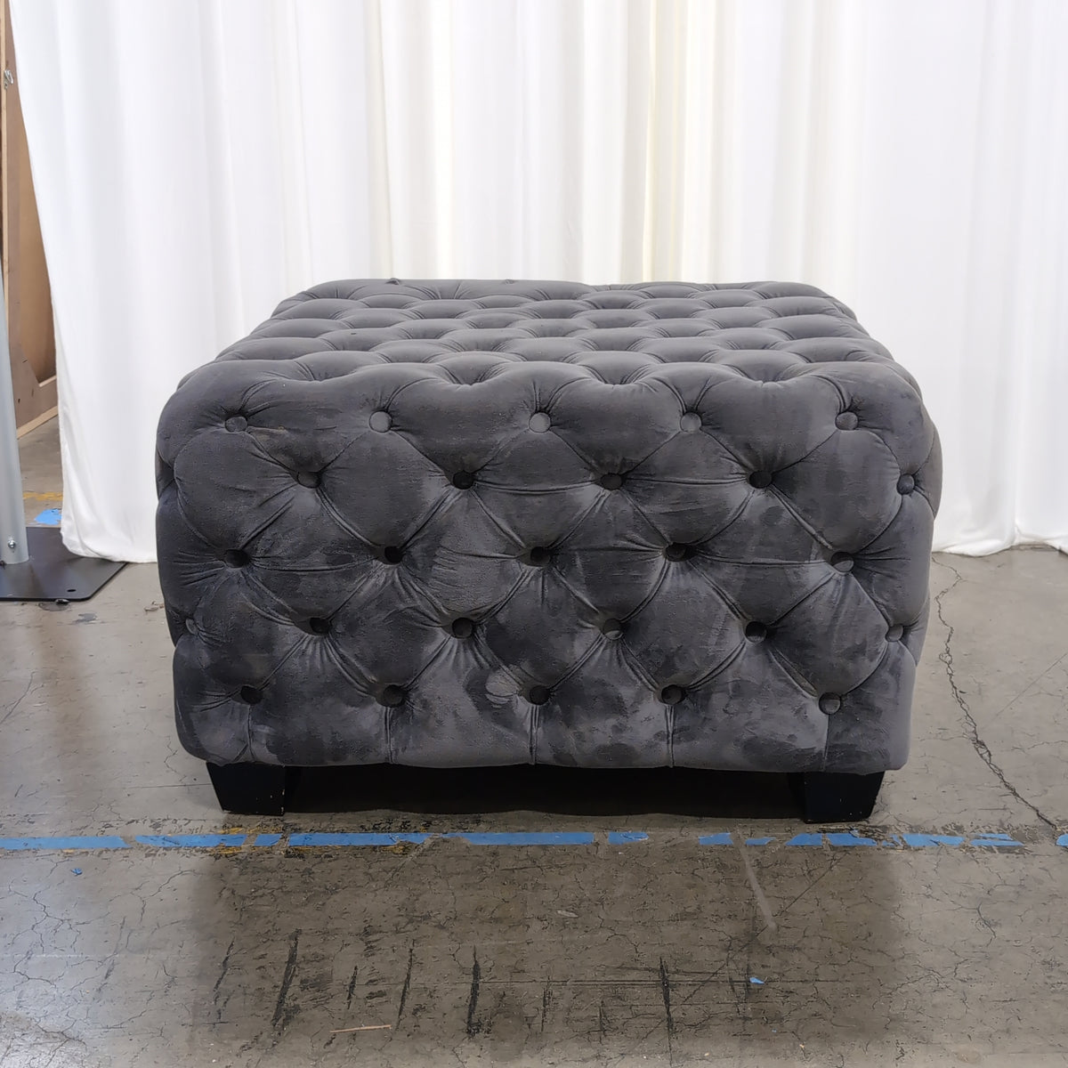 Charcoal Grey Upholstered Ottoman with Button Tufting