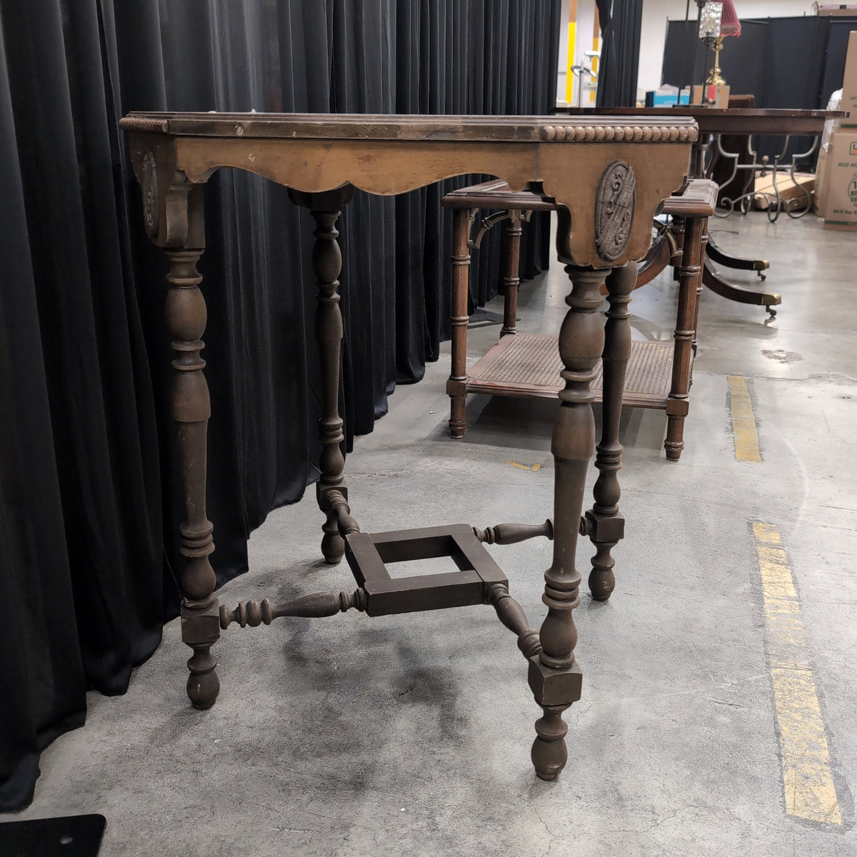 Carved Wood Hexagonal End Table with Turned Legs