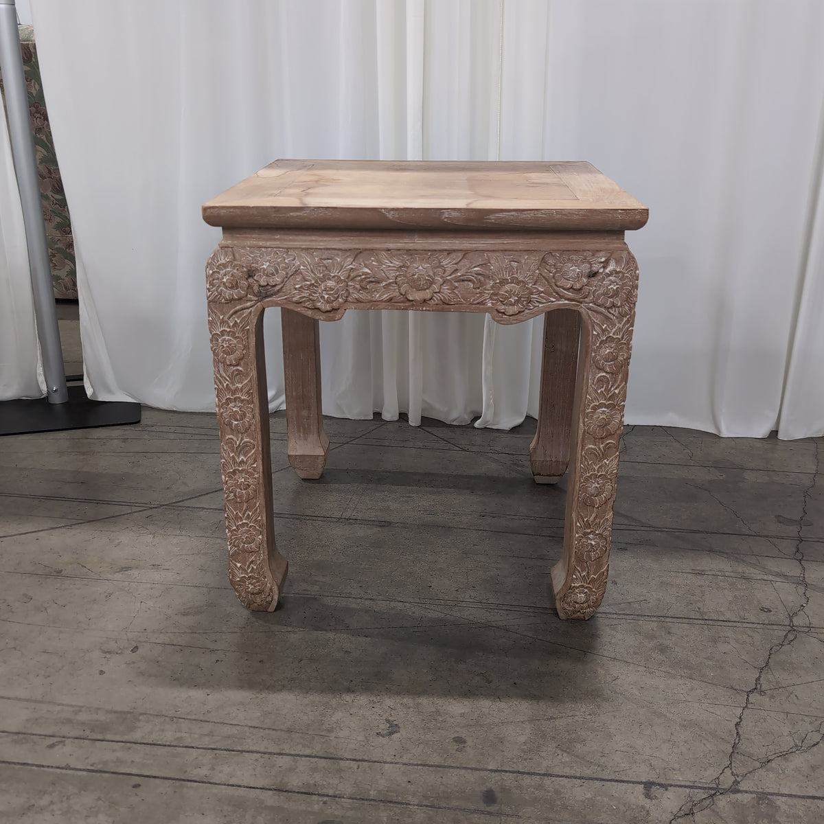 Ornate Carved Light Wood Square End Table