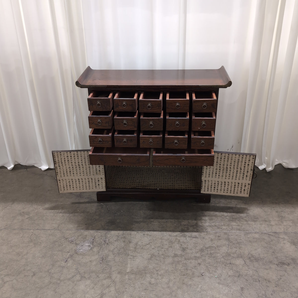 Traditional Asian Wood Medicine Cabinet with Brass Hardware