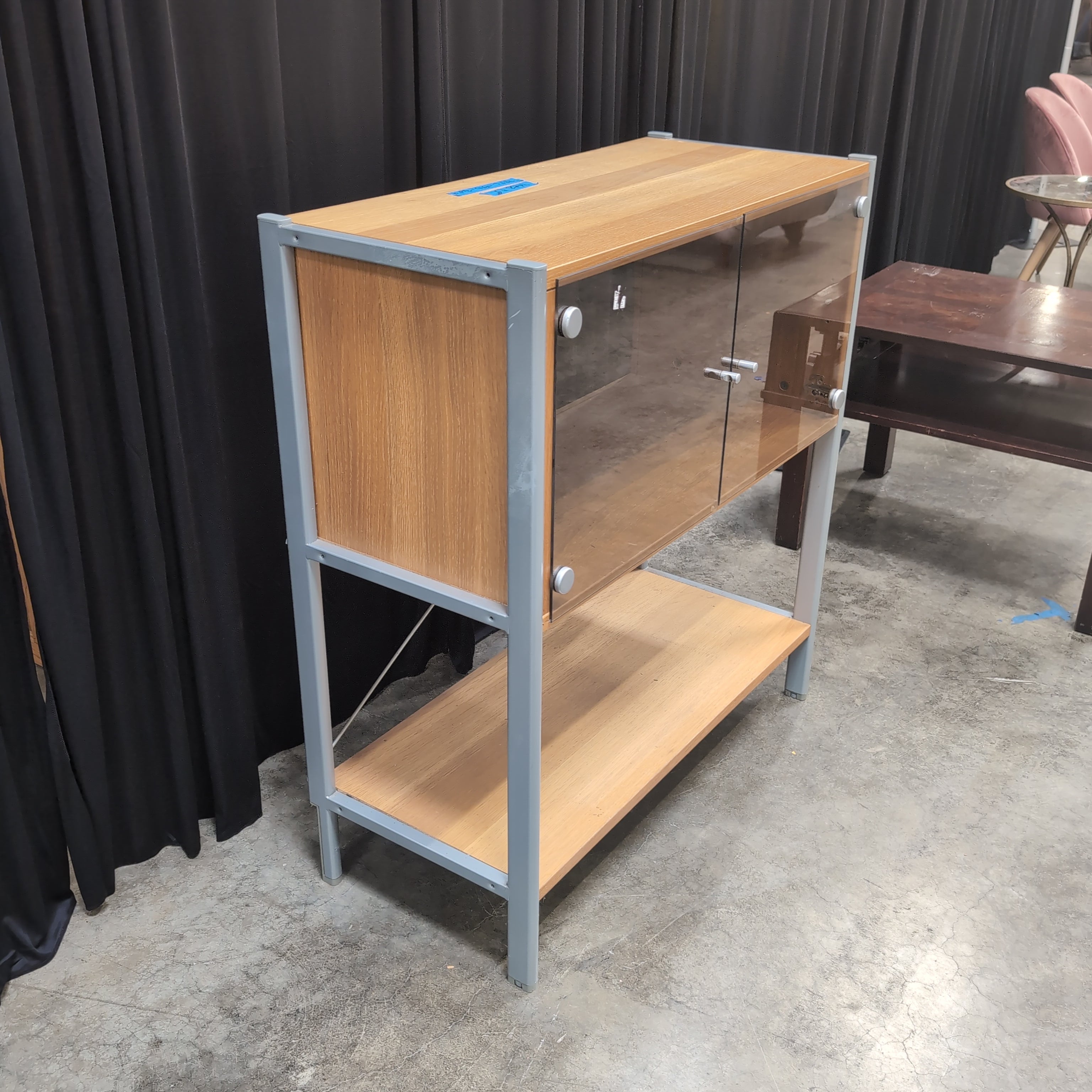 Light Wood and Silver Metal Cabinet with Glass Doors