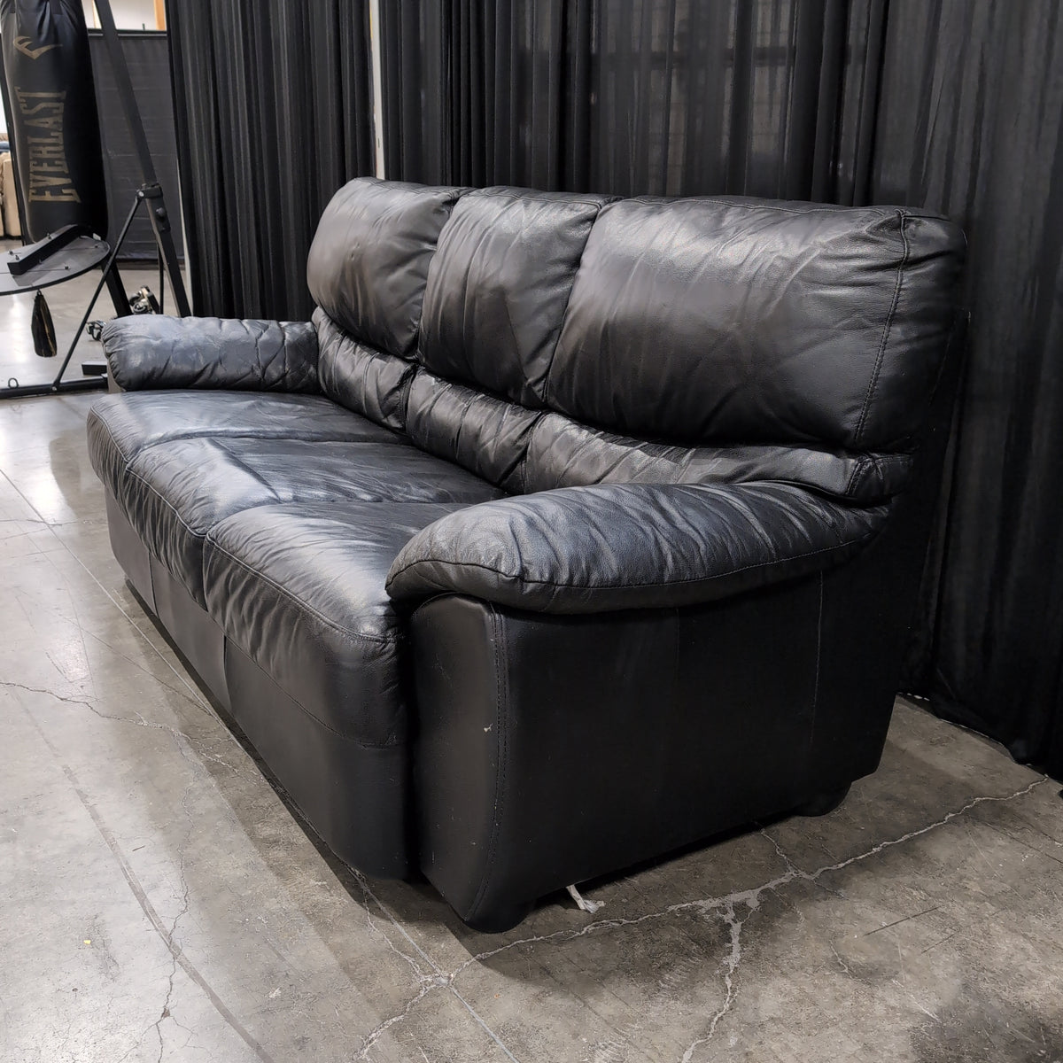 Black Rolled Arm Three-Cushion Couch in Leather
