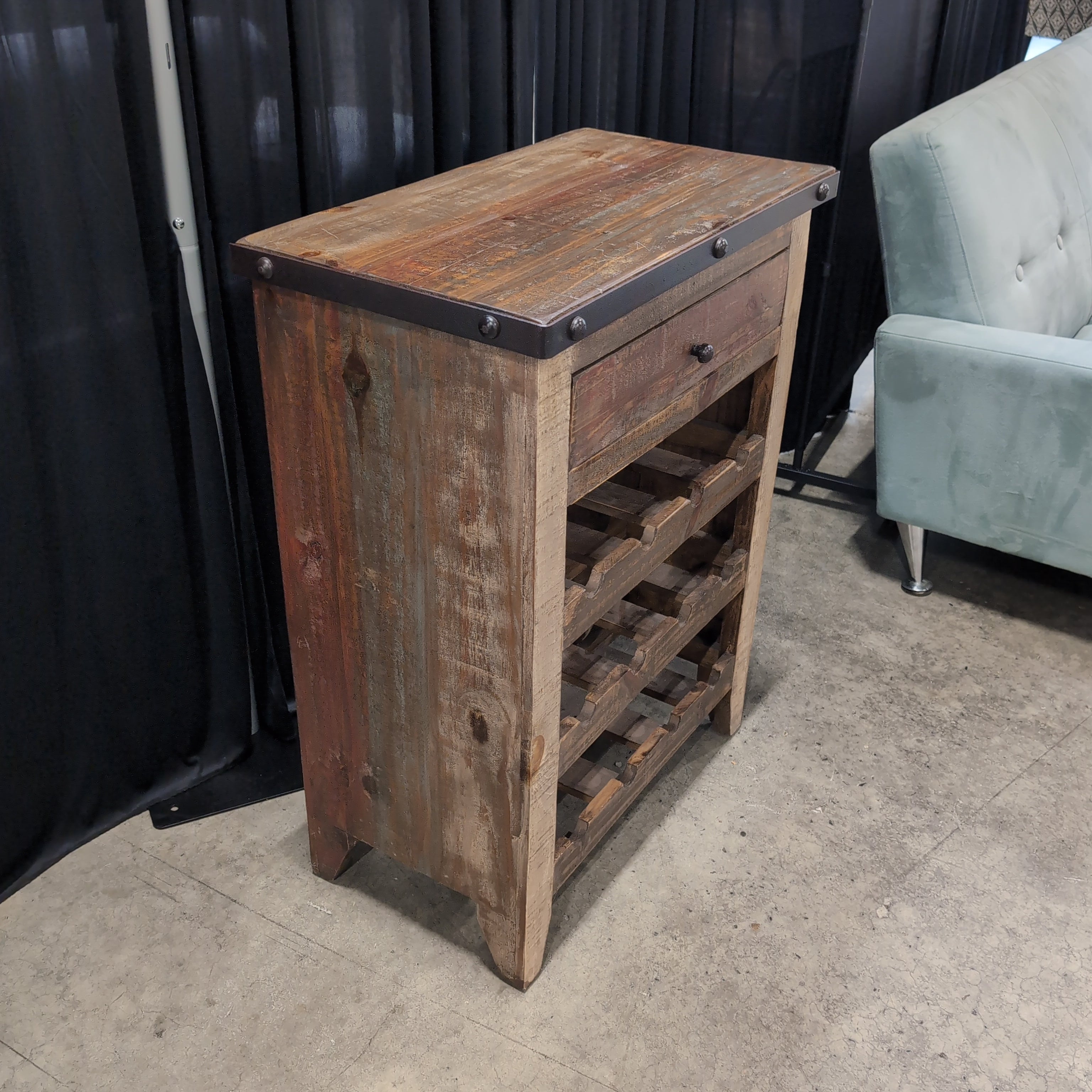 Rustic Wood End Table with Wine Rack Storage