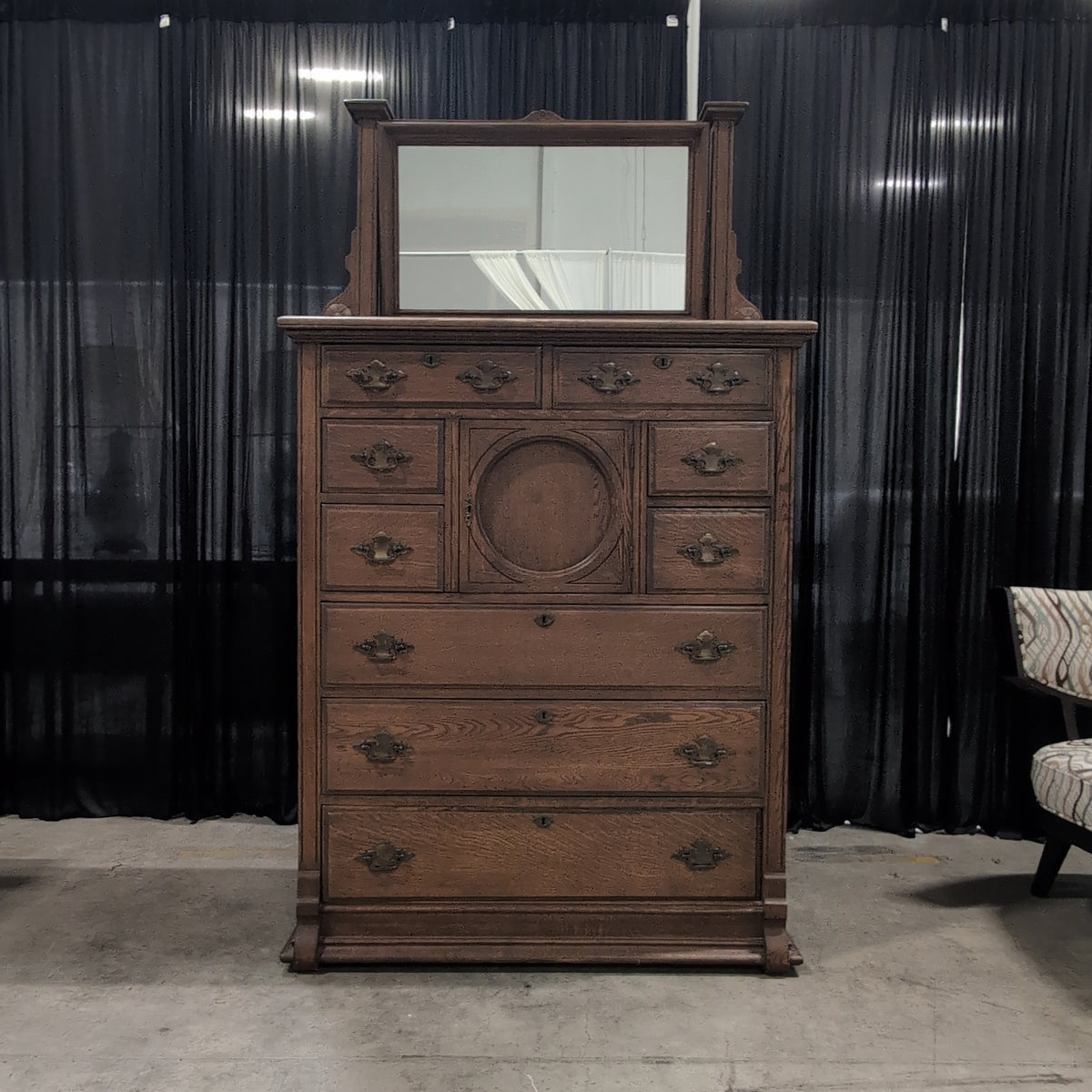 Antique Dark Wood Dresser with Ornate Mirror