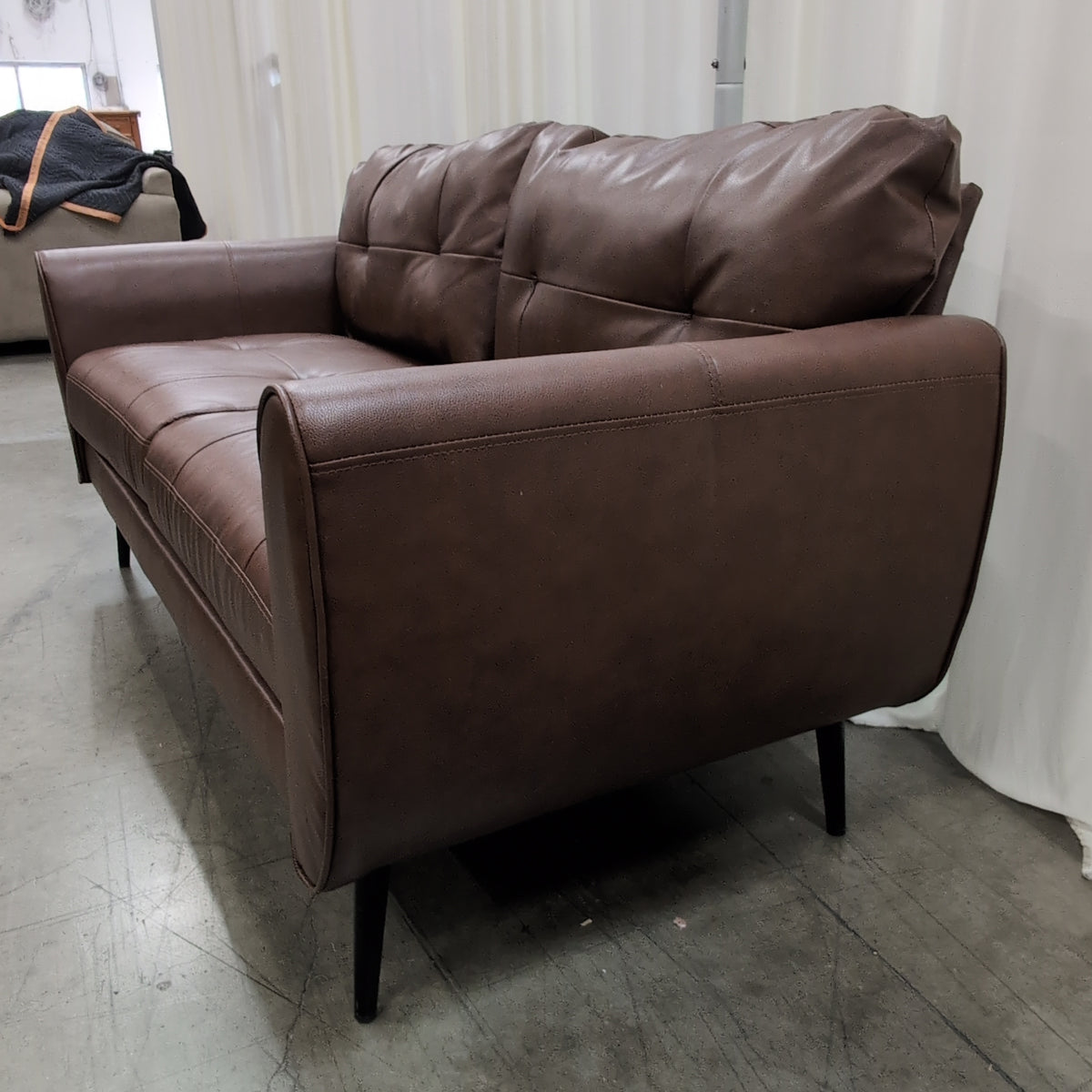 Brown Mid-Century Style Two-Seat Couch in Faux Leather