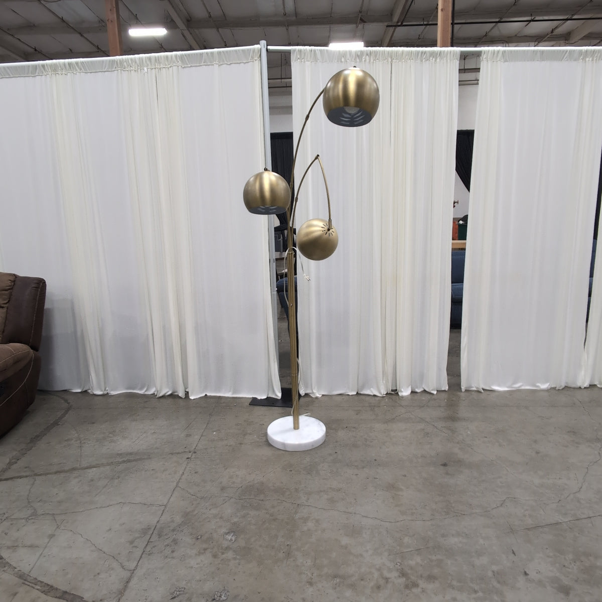 Intertek Mid-Century Modern Gold Three-Light Floor Lamp with Marble Base