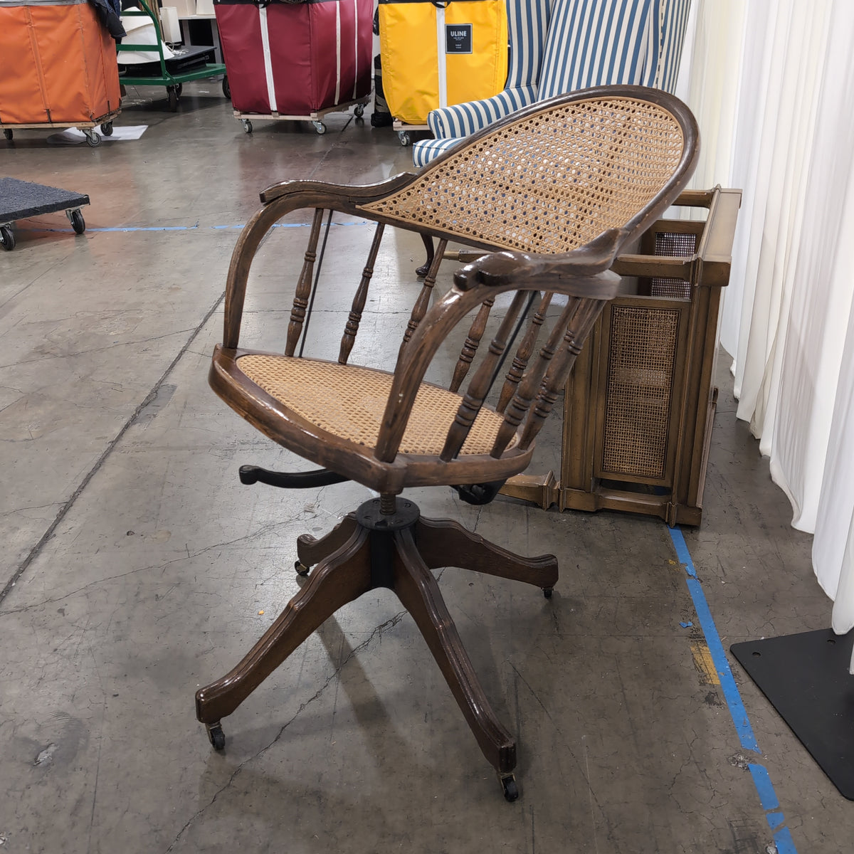 Traditional Dark Wood Cane Desk Chair with Swivel Base