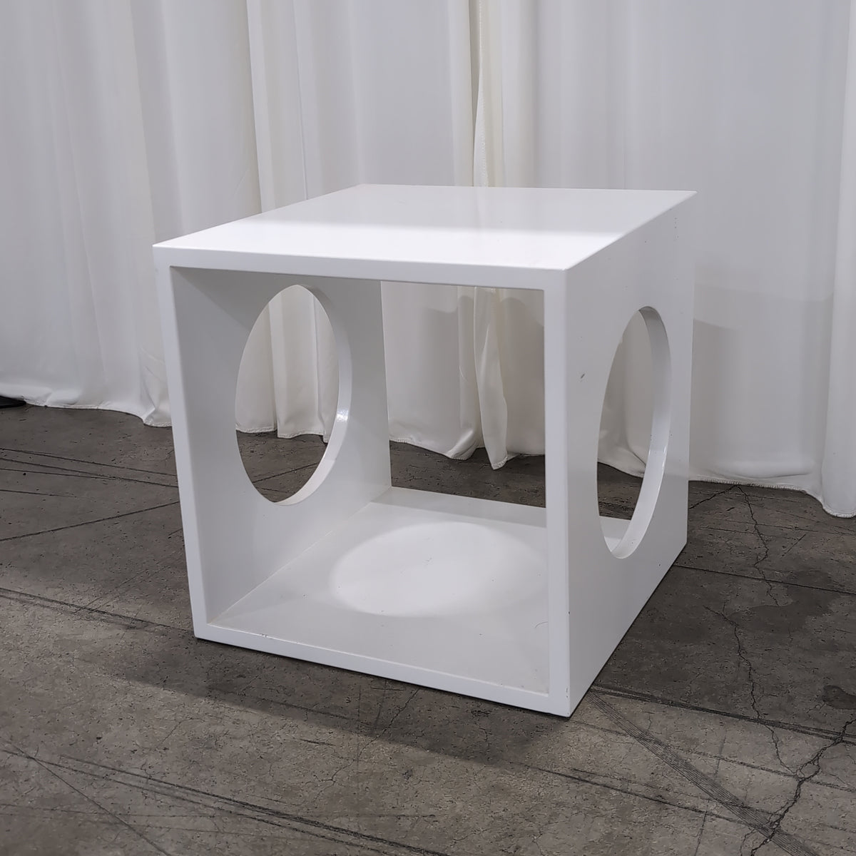 White Cube End Table with Circular Cutout