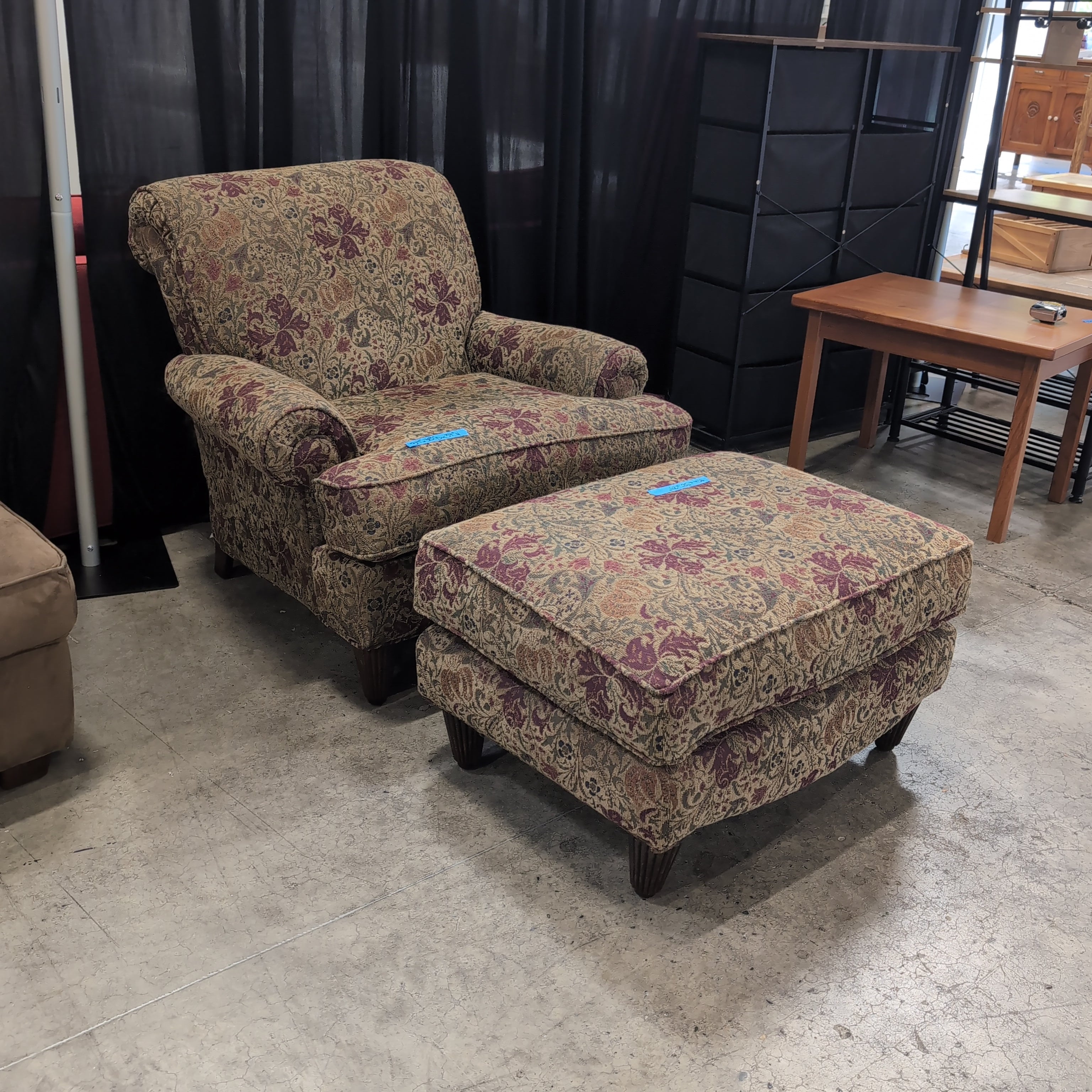 Rolled Arm Armchair and Ottoman in Floral Tapestry Fabric