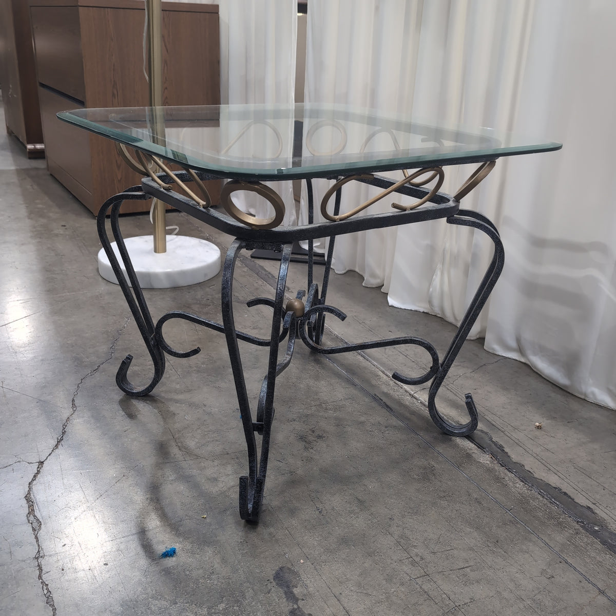 Ornate Scrollwork Iron and Glass End Table