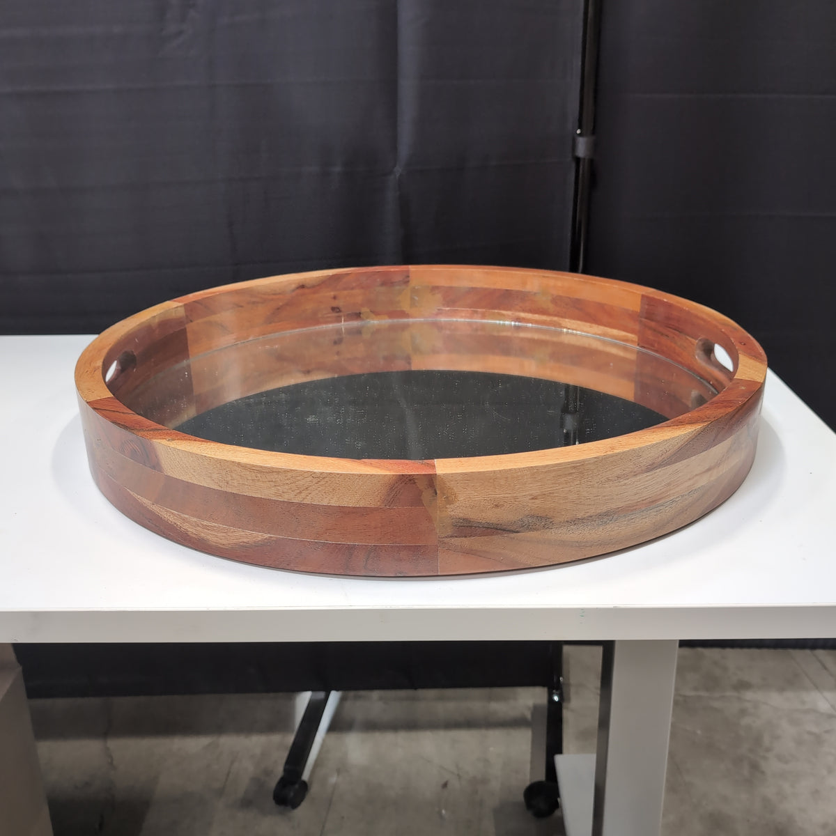 Oval Segmented Wood Mirror with Handle Slots