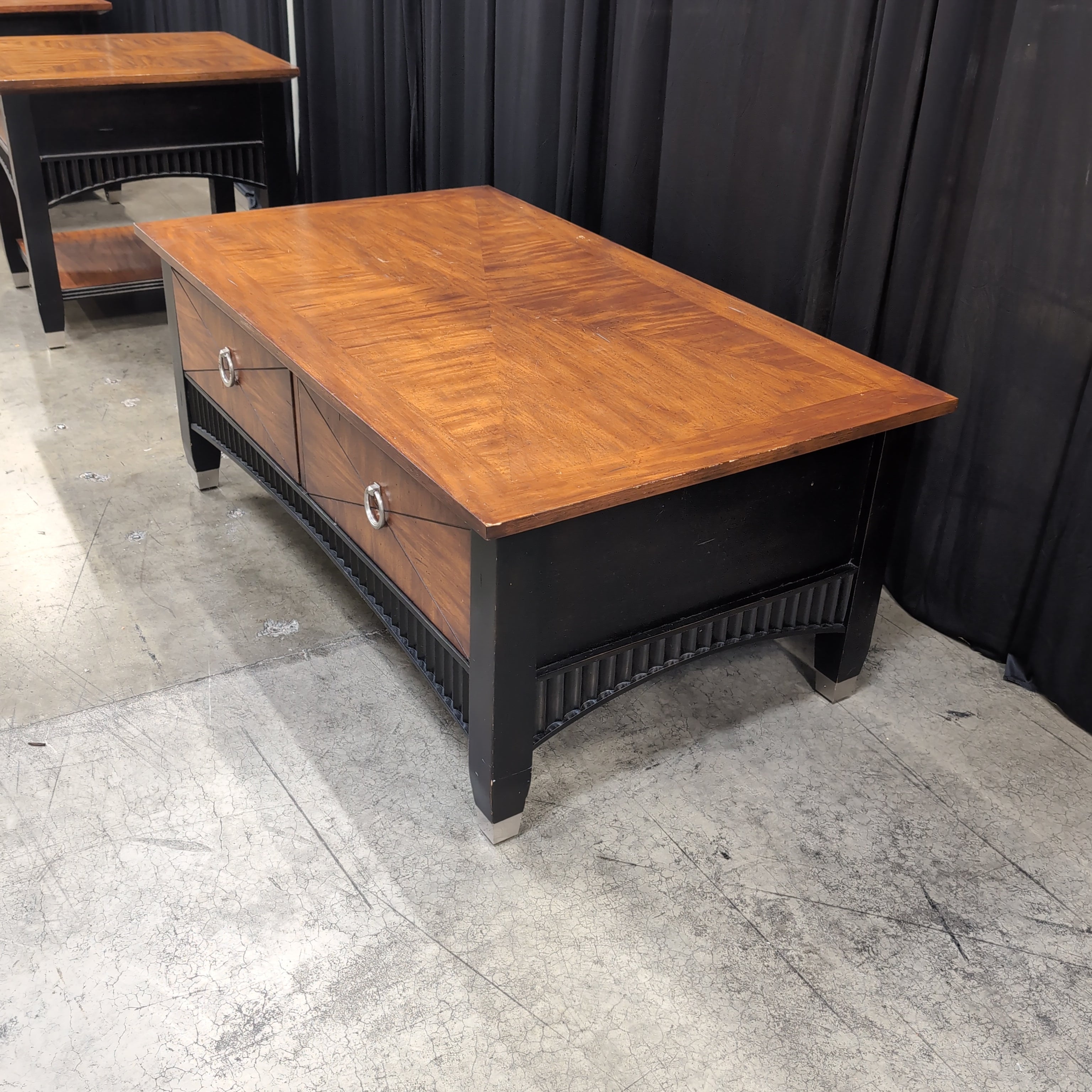 Warm Brown Wood Coffee Table with Geometric Veneer Top
