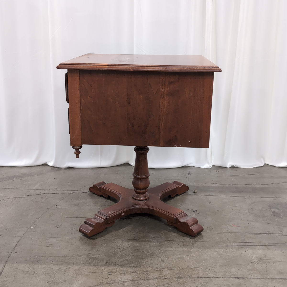 Cherry-Stained Wood Pedestal End Table