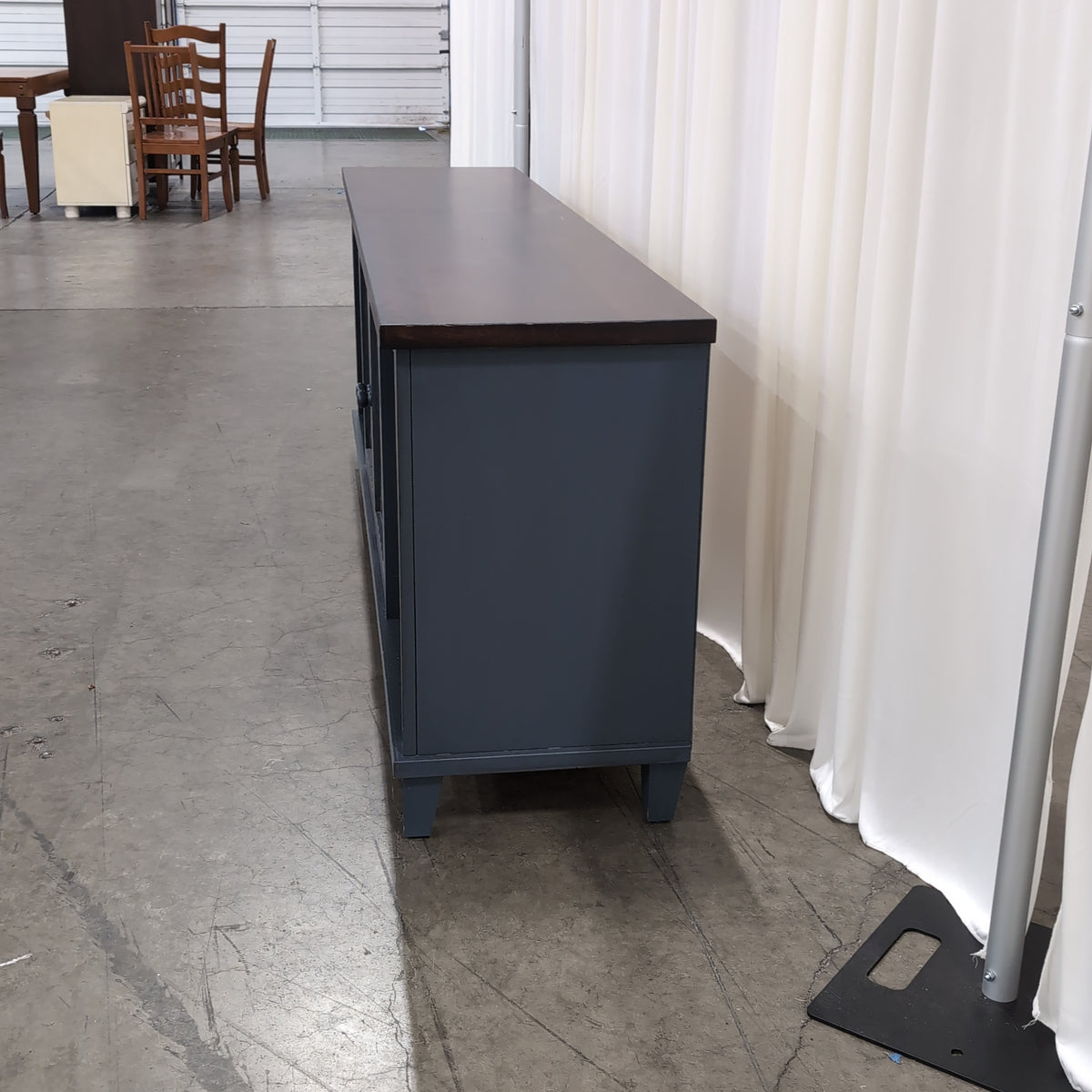 Dark Wood and Gray TV Stand with Decorative Glass Doors