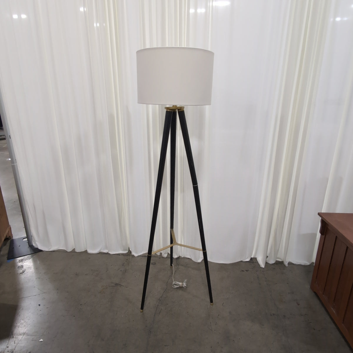 Black Tripod Floor Lamp with White Drum Shade