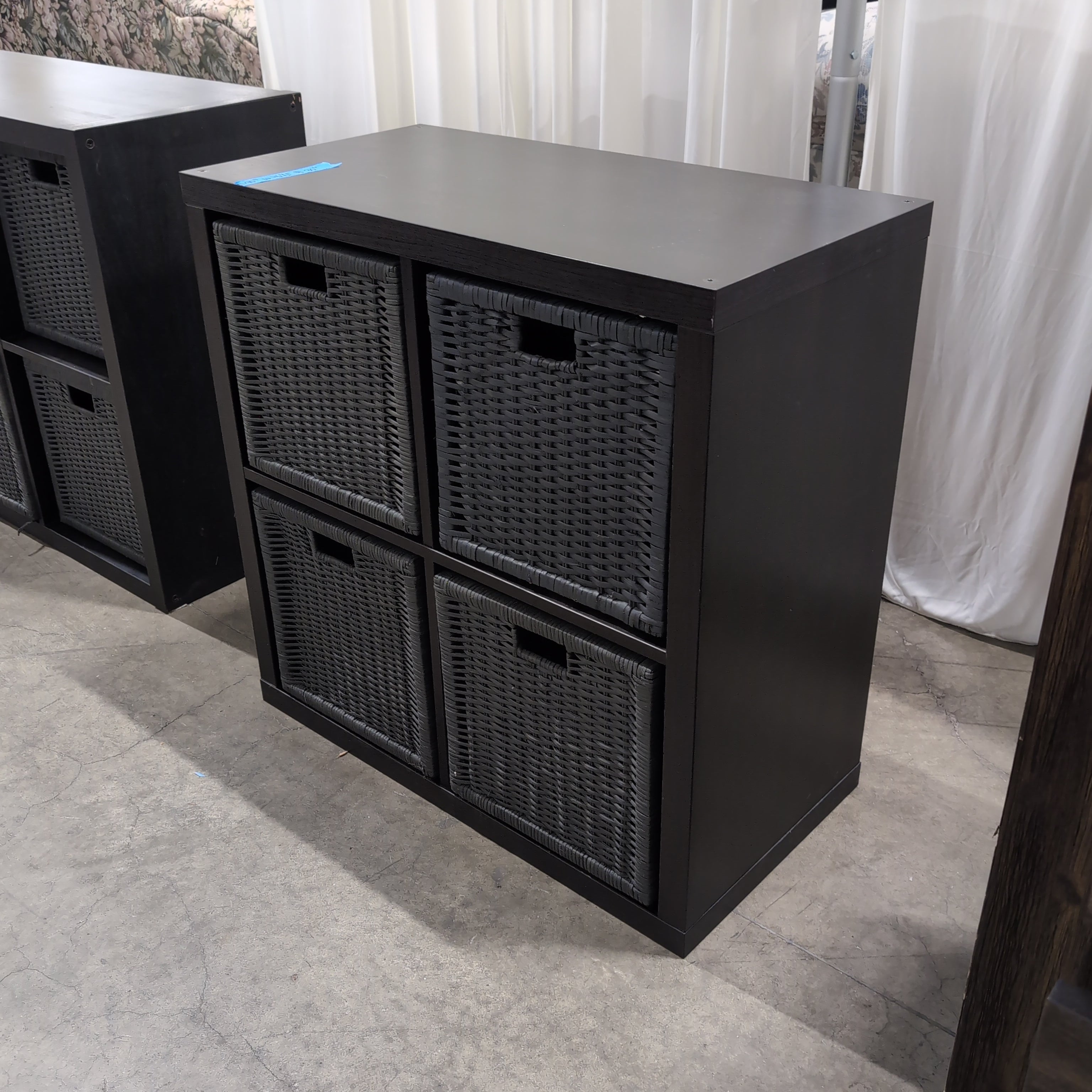 Dark Brown Four-Cube Storage Unit with Woven Baskets