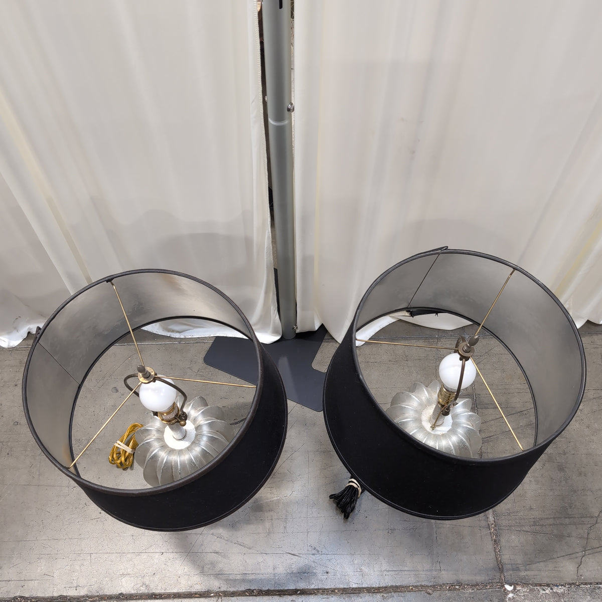 Pair of Fluted Glass Table Lamps with Black Shades