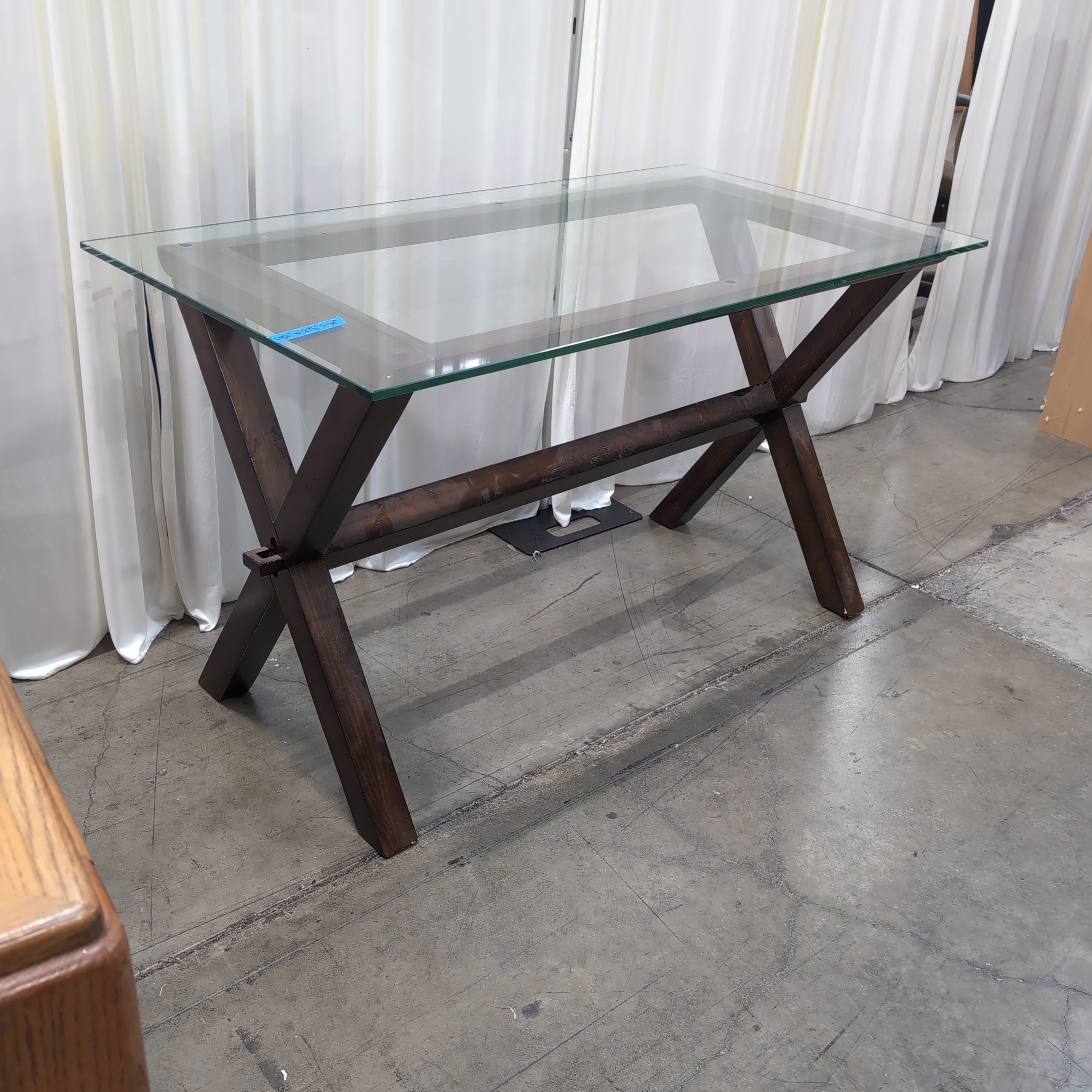 Dark Wood X-Base Console Table with Glass Top