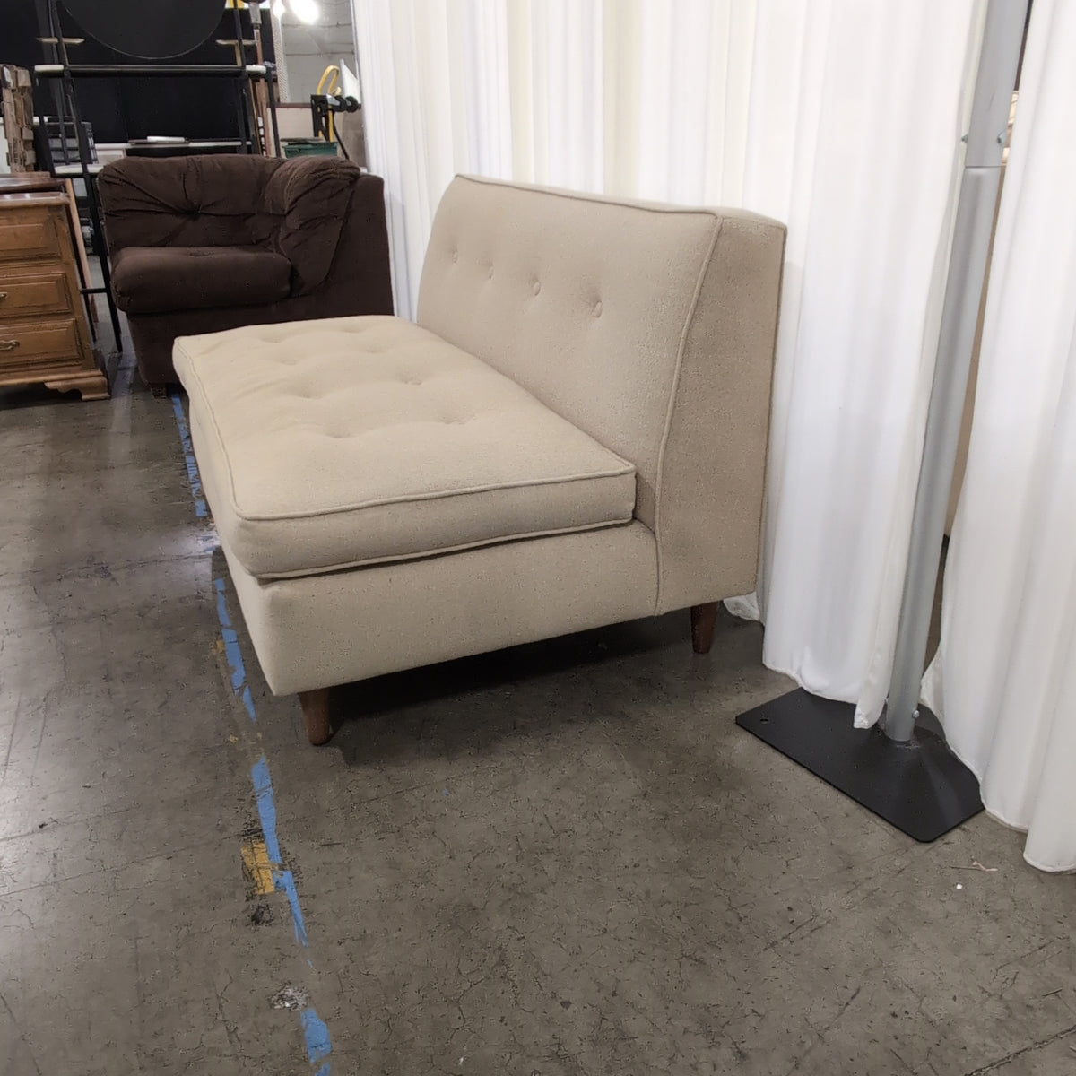 Mid-Century Modern Beige Upholstered Loveseat with Tufted Cushions