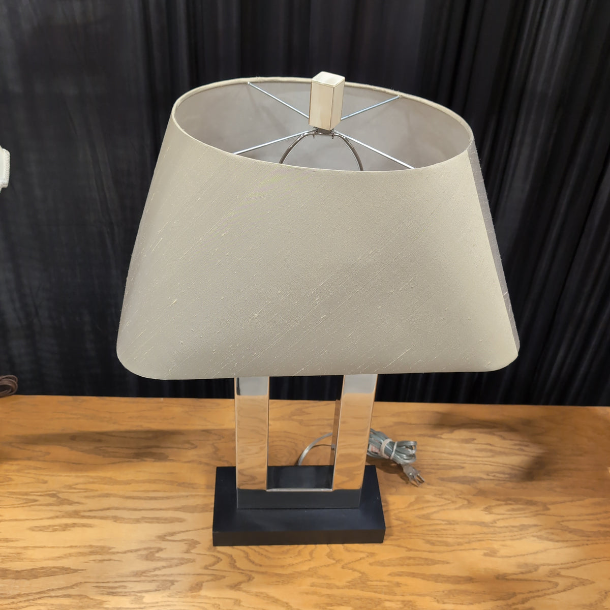 Modern Chrome Table Lamp in Tan Fabric