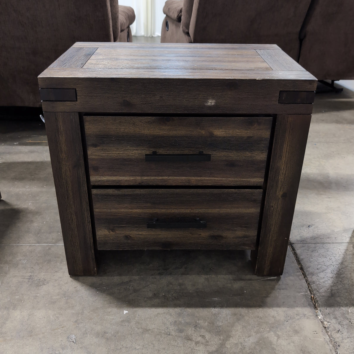 Rustic Dark Brown Wood Nightstand with Two Drawers