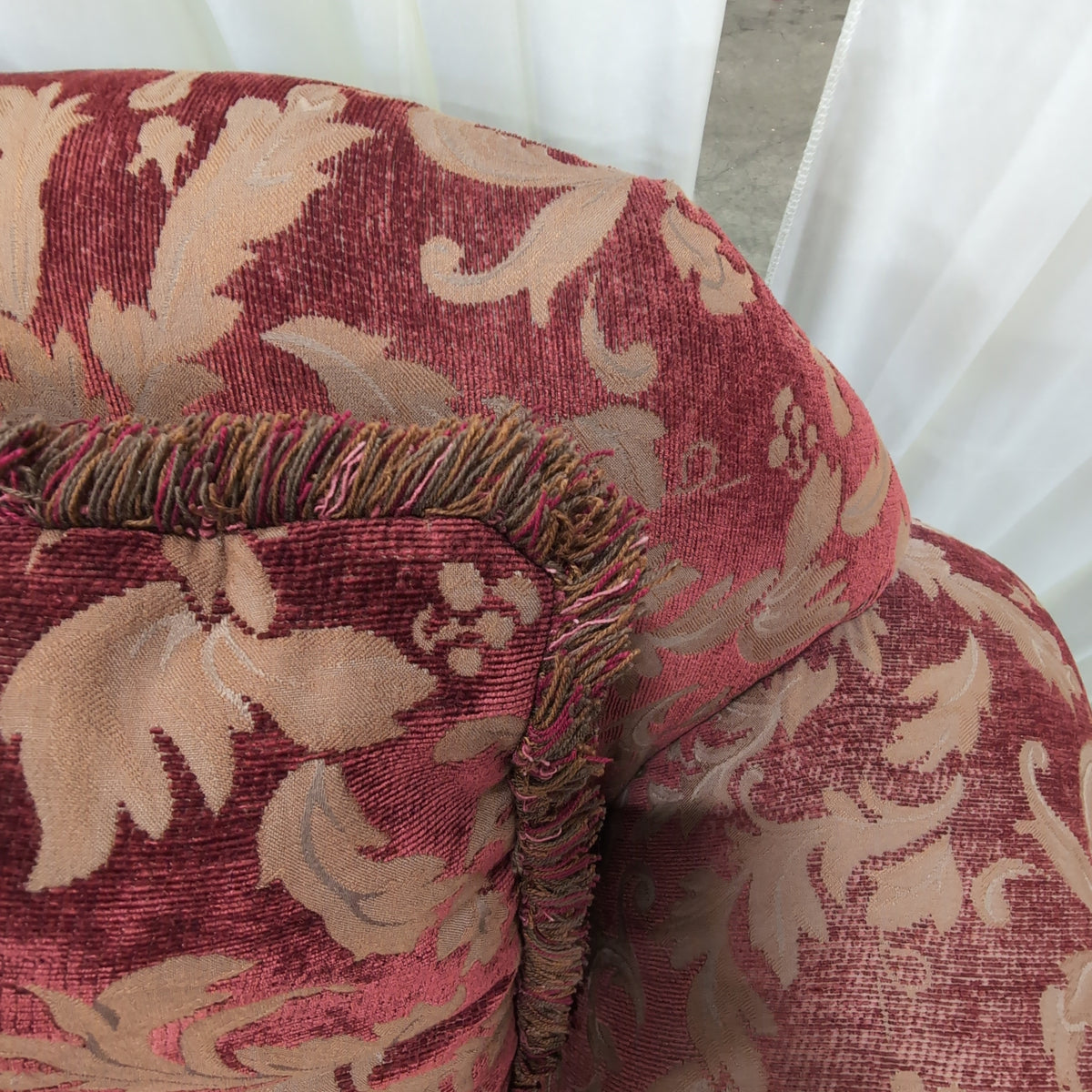 Ornate Red and Gold Damask Loveseat with Carved Wood