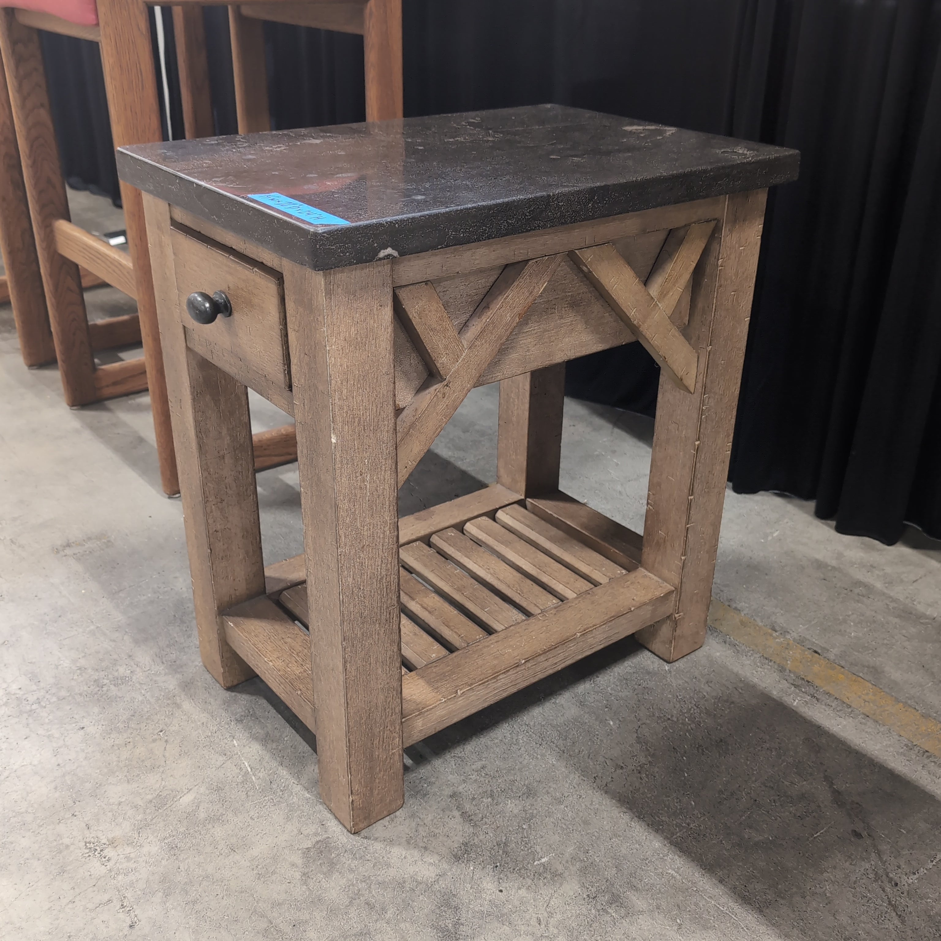 Natural Wood End Table with Dark Stone Top